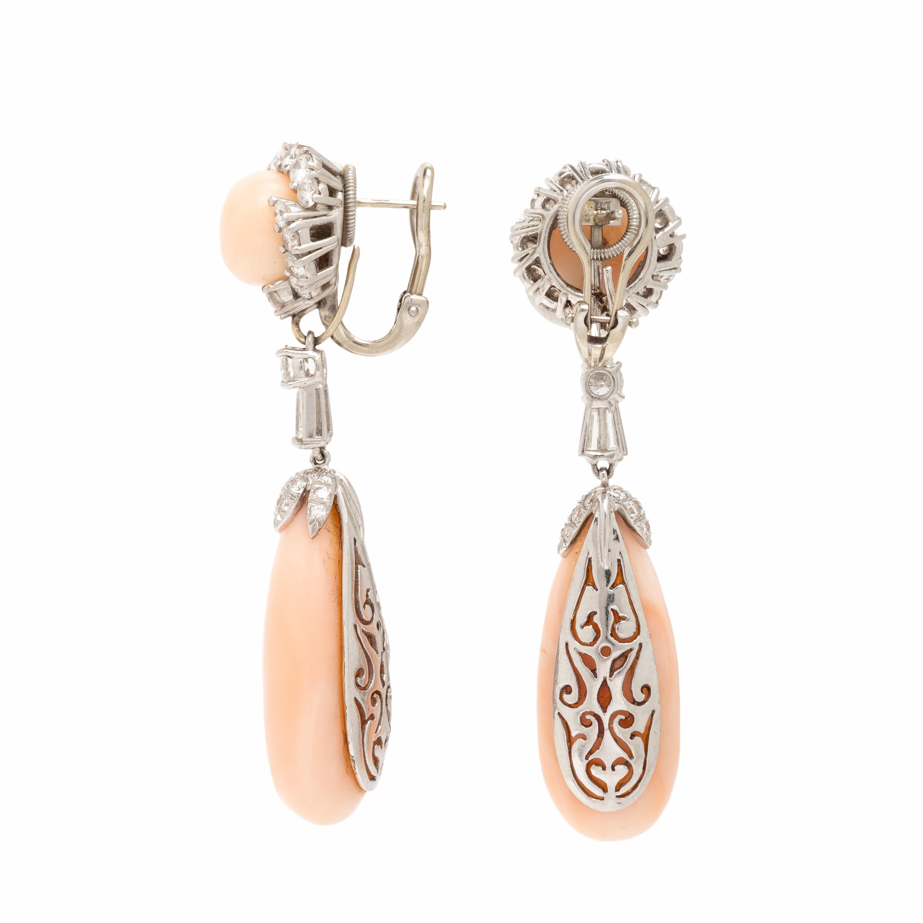 Coral, Diamond, and Platinum Convertible Earrings