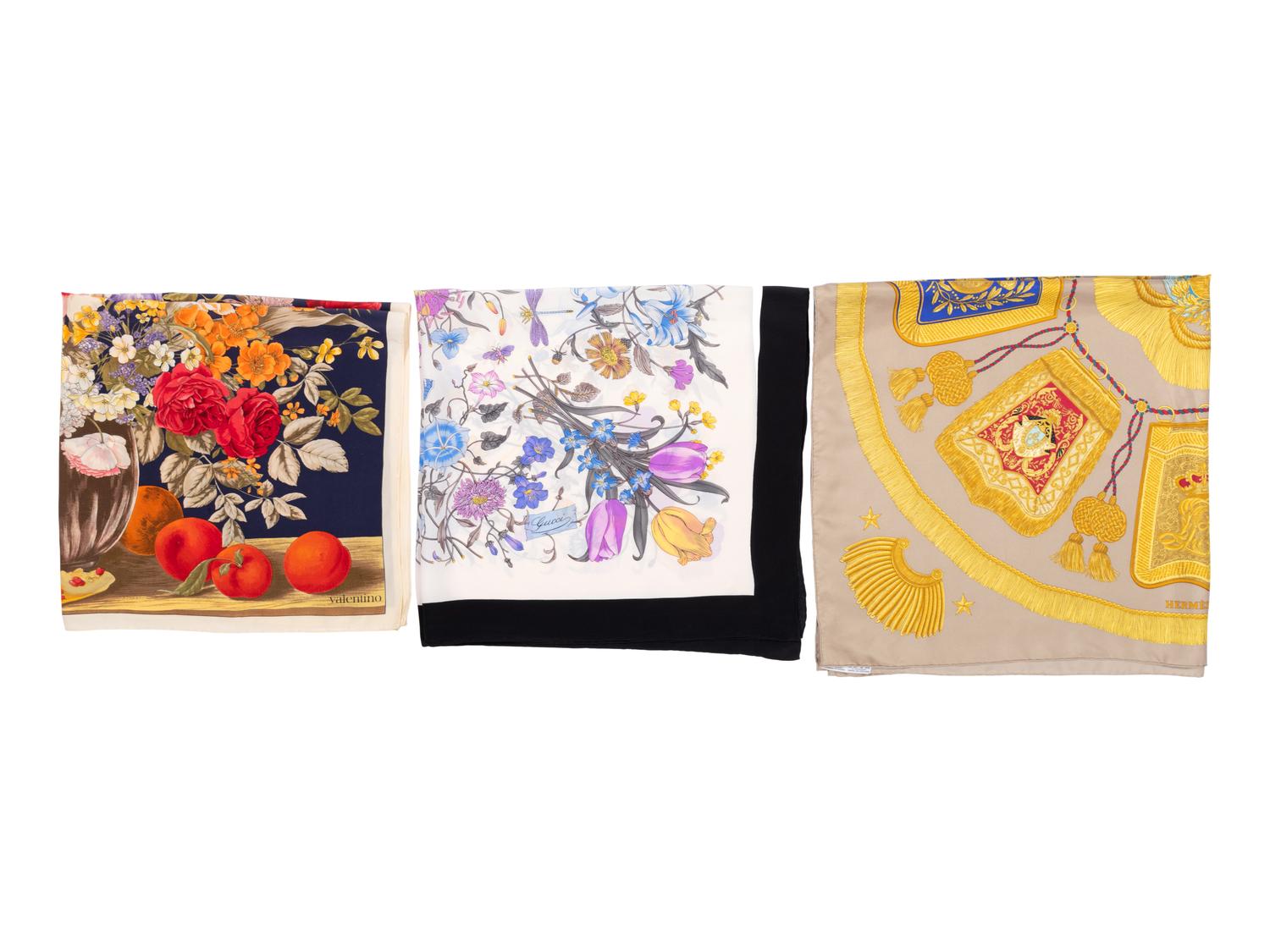 Three Designer Scarves: One Hermès, One Gucci, and One Valentino