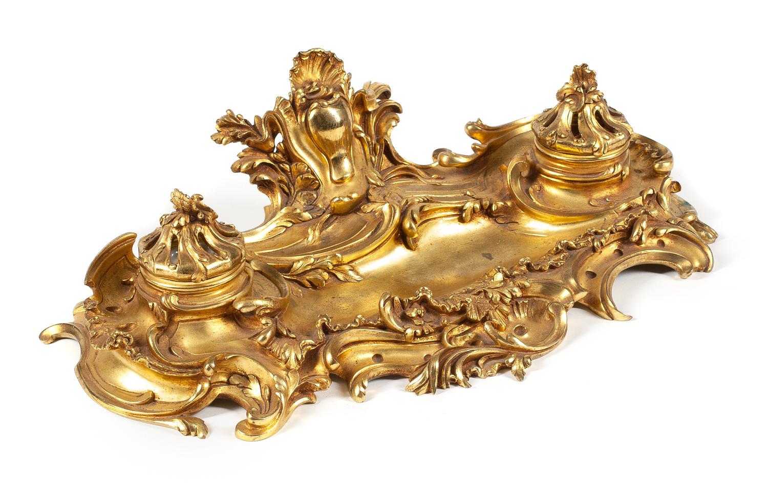 A Louis XV Style Gilt Bronze Encrier Width 16 inches. — 19TH CENTURY