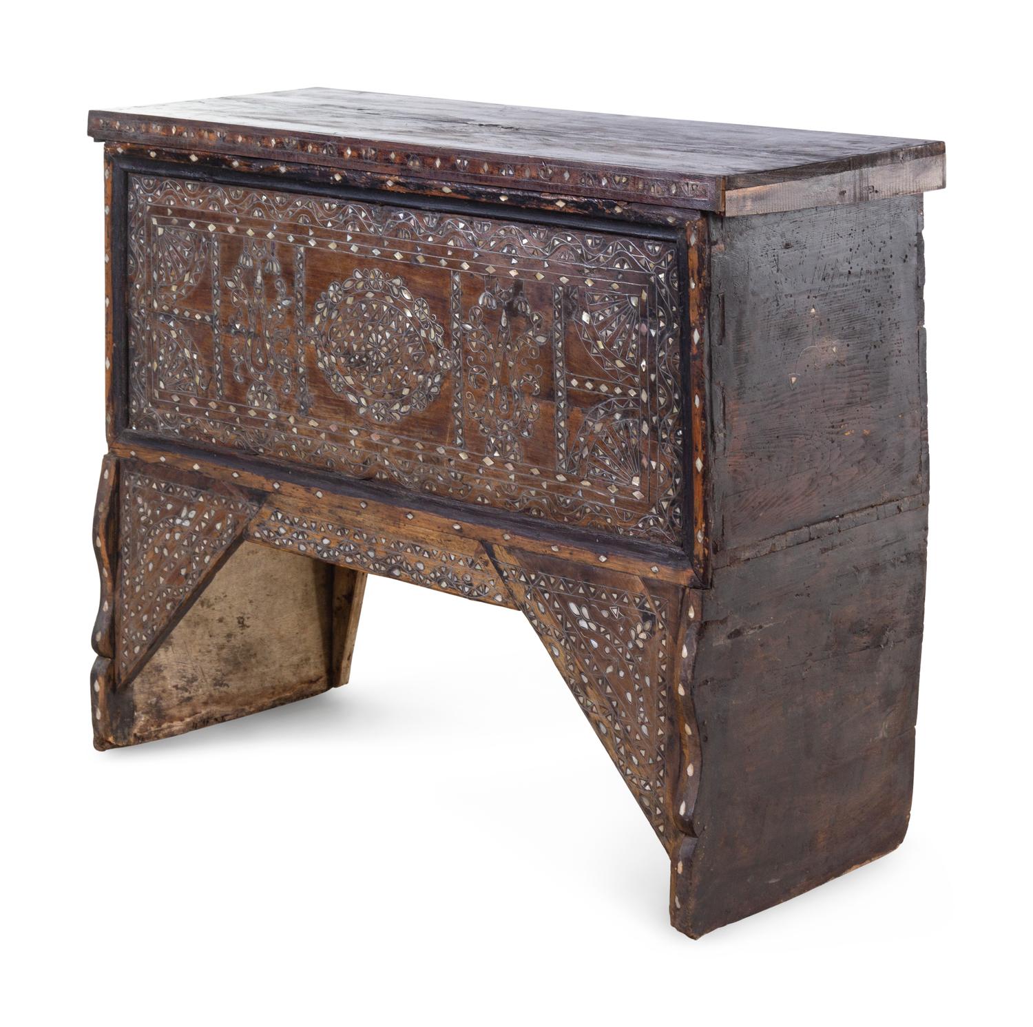 A Syrian Mother-of-Pearl Inlaid Walnut Chest on Stand