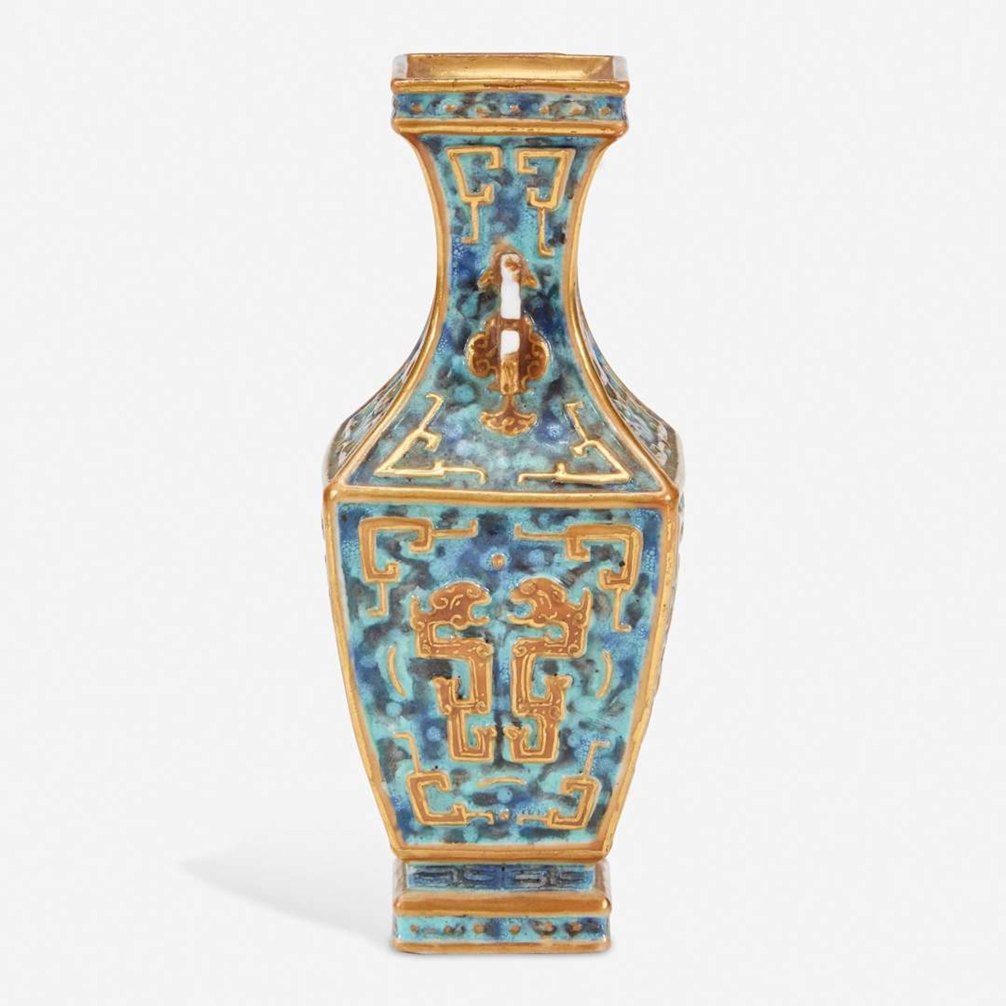 An unusual small Chinese archaistic enameled and gilt porcelain cabinet vase 倣古风格珐琅彩花瓶 Six-character "Da Qing Qianlong yuzhi" seal mark “??????”???