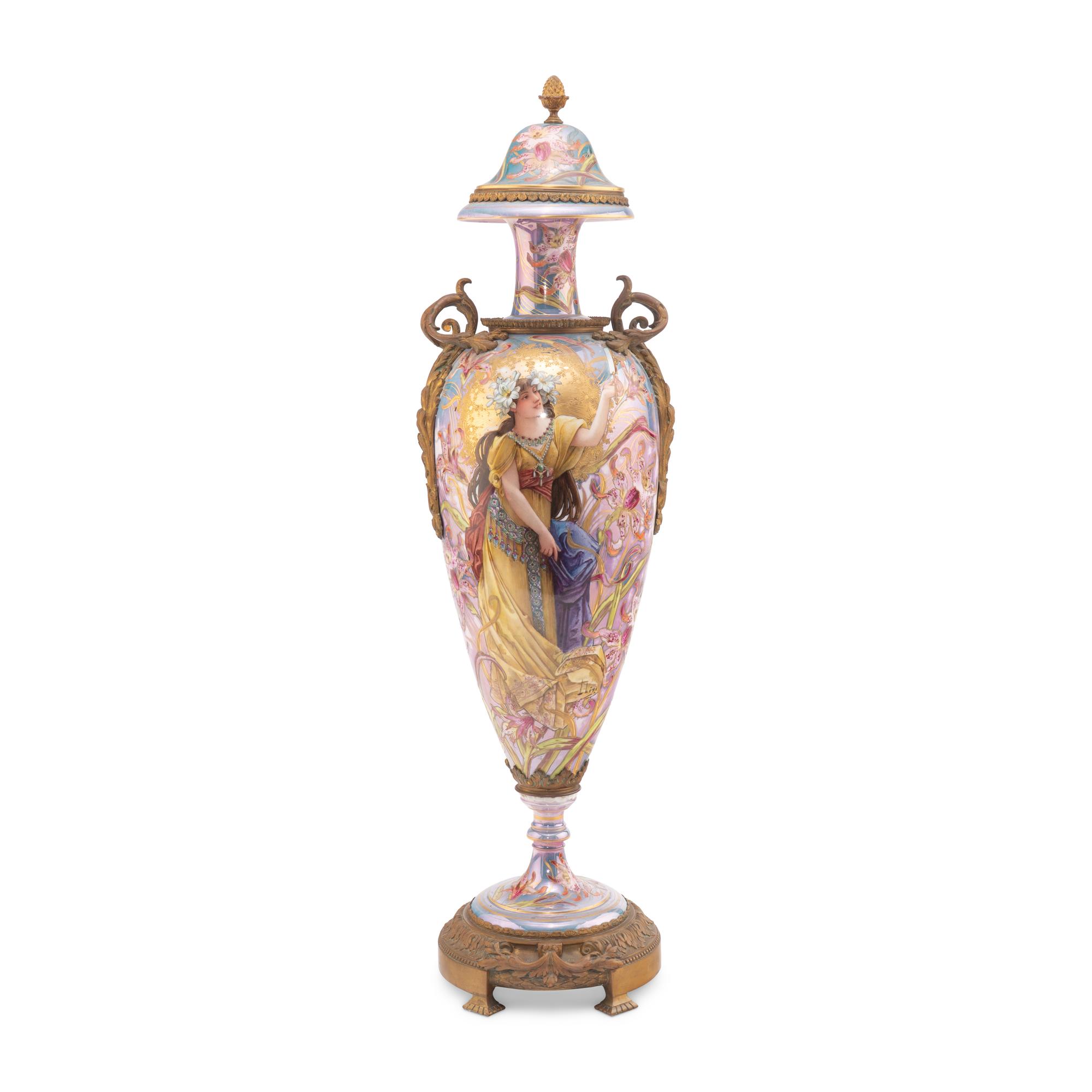 A Sèvres Style Gilt Bronze Mounted Porcelain Urn