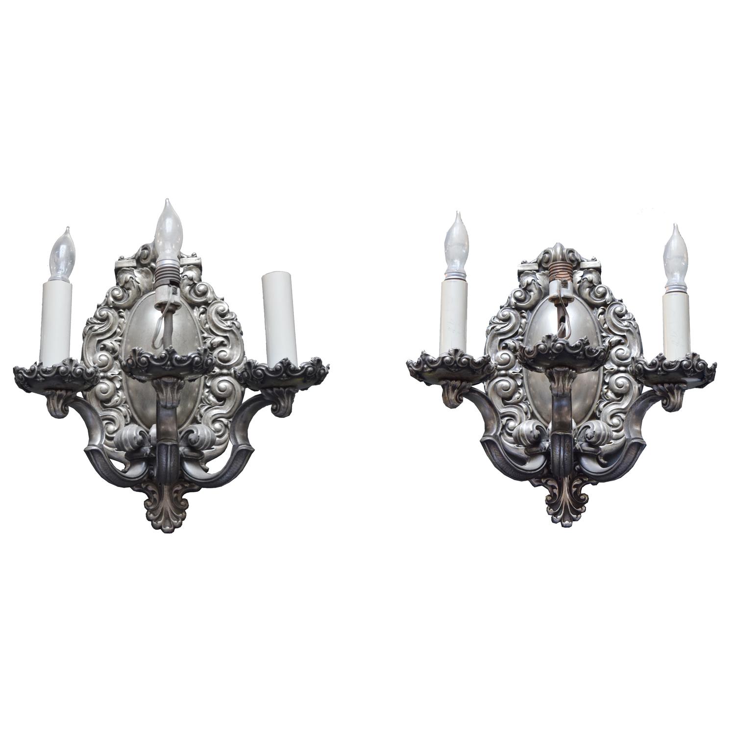 A Pair of Caldwell Silvered Brass Sconces 9" W x 10" D x 15" H — United States, Circa 1900