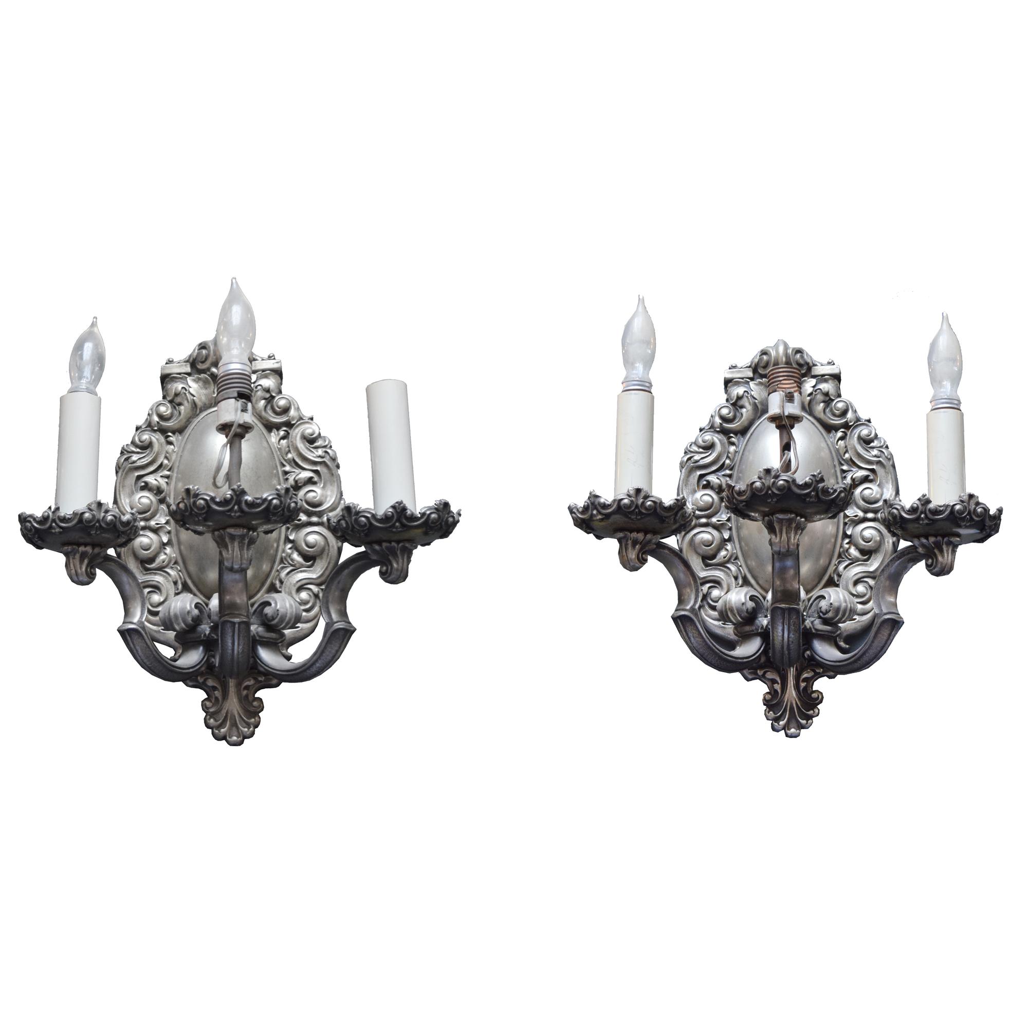 A Pair of Caldwell Silvered Brass Sconces 9" W x 10" D x 15" H — United States, Circa 1900