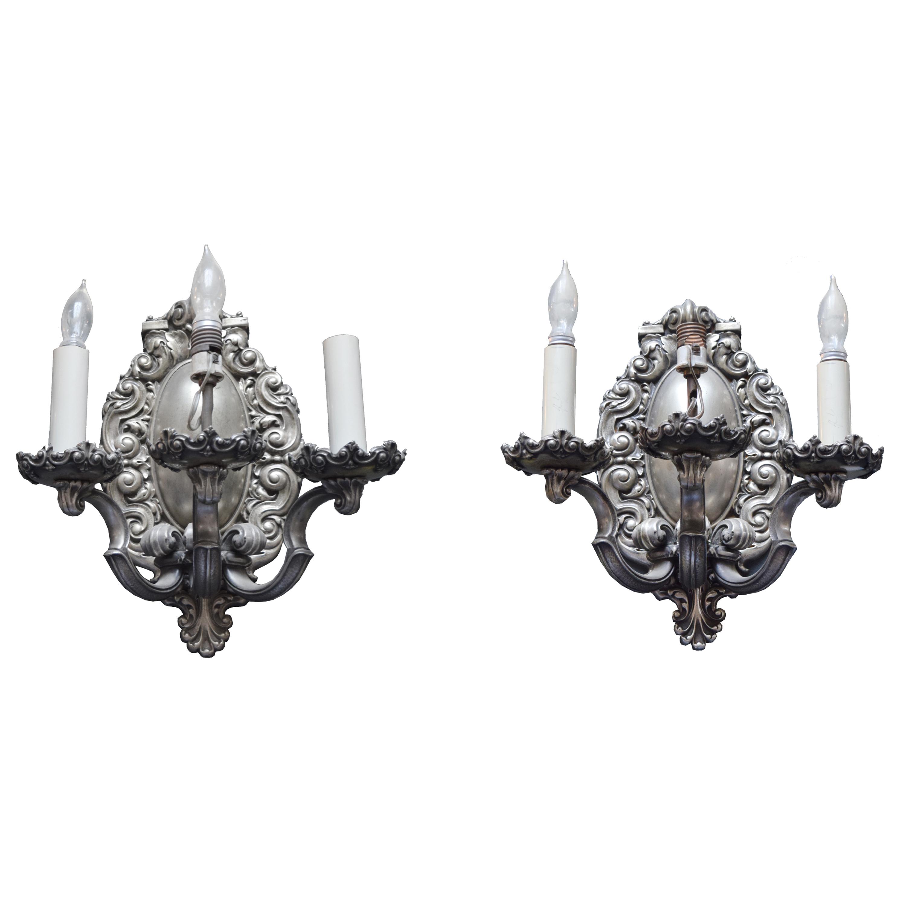 A Pair of Caldwell Silvered Brass Sconces 9" W x 10" D x 15" H — United States, Circa 1900