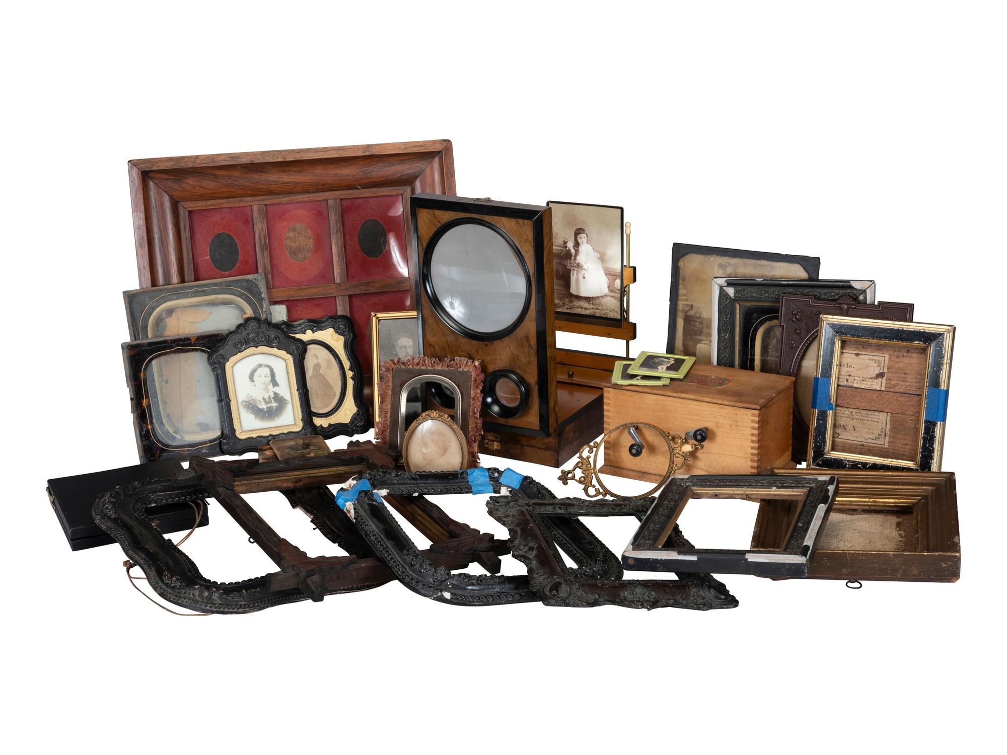 [EARLY PHOTOGRAPHY]. A large assortment of frames, cases, and sundry other accoutrements.
