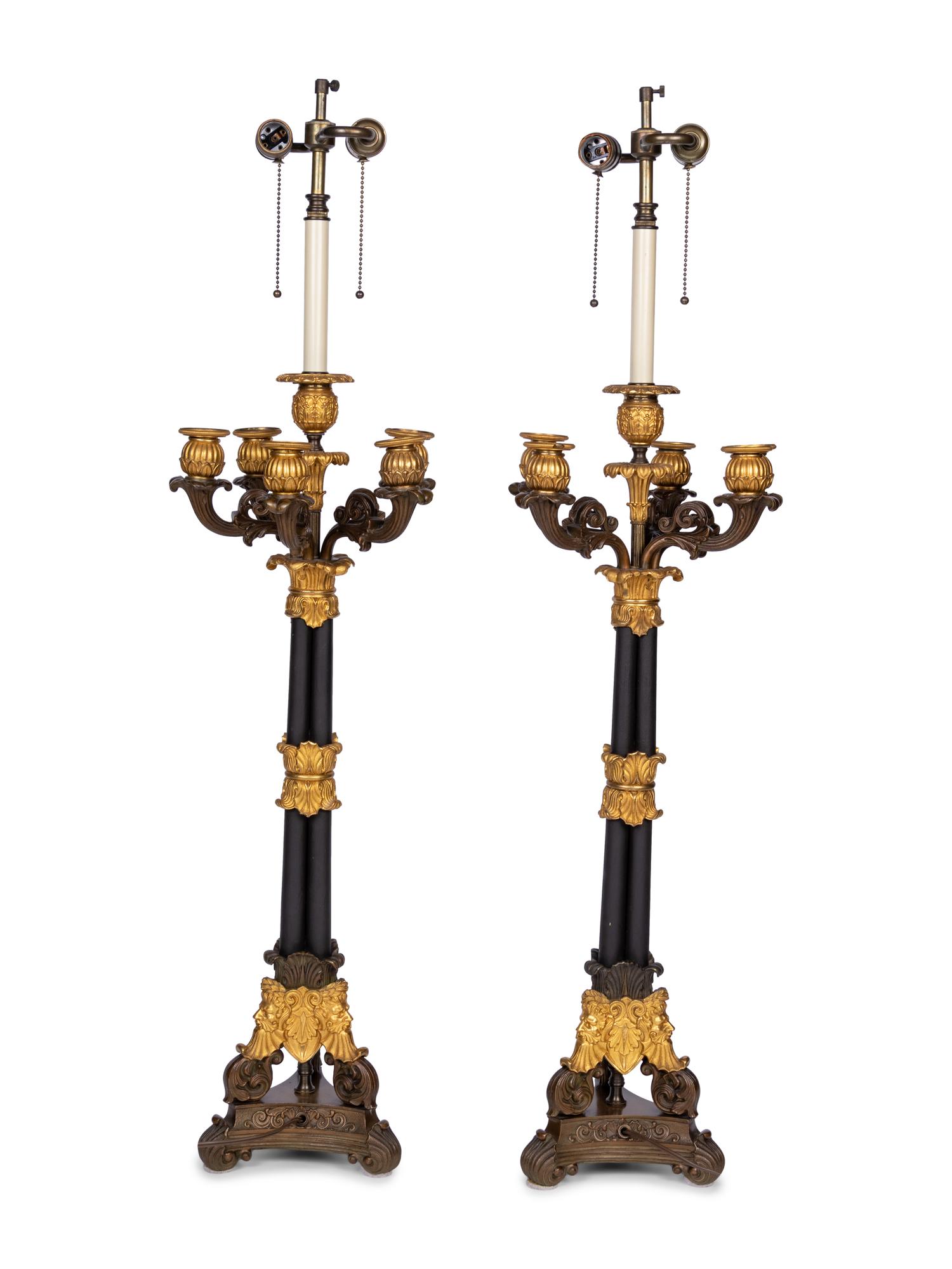A Pair of Louis Philippe Gilt and Patinated Metal Six-Light Candelabra Mounted as Lamps