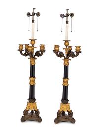 A Pair of Louis Philippe Gilt and Patinated Metal Six-Light Candelabra Mounted as Lamps