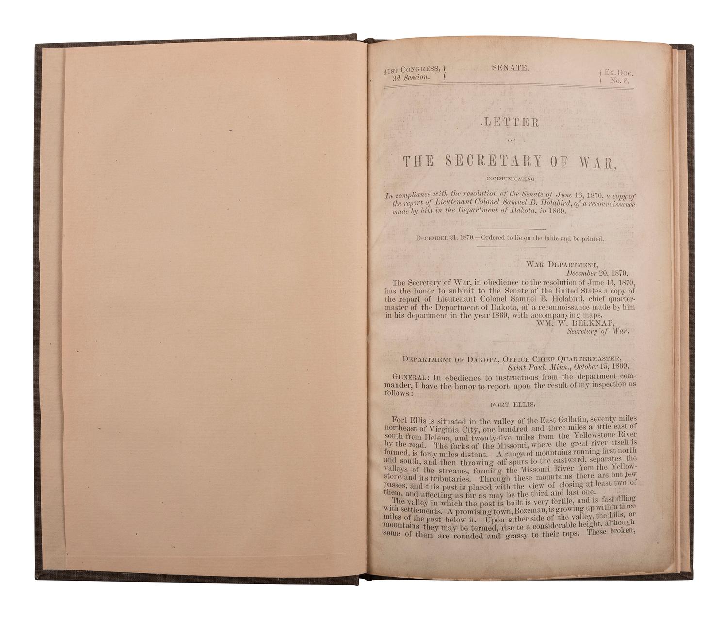 [DAKOTA TERRITORY]. Articles of War, From the Revised Statutes of the United States. Edition of February 22, 1875. Headquarters Department of Dakota: N.p., 1 April 1876. 8vo. Stab-sewn in original wrappers; cloth folding case.