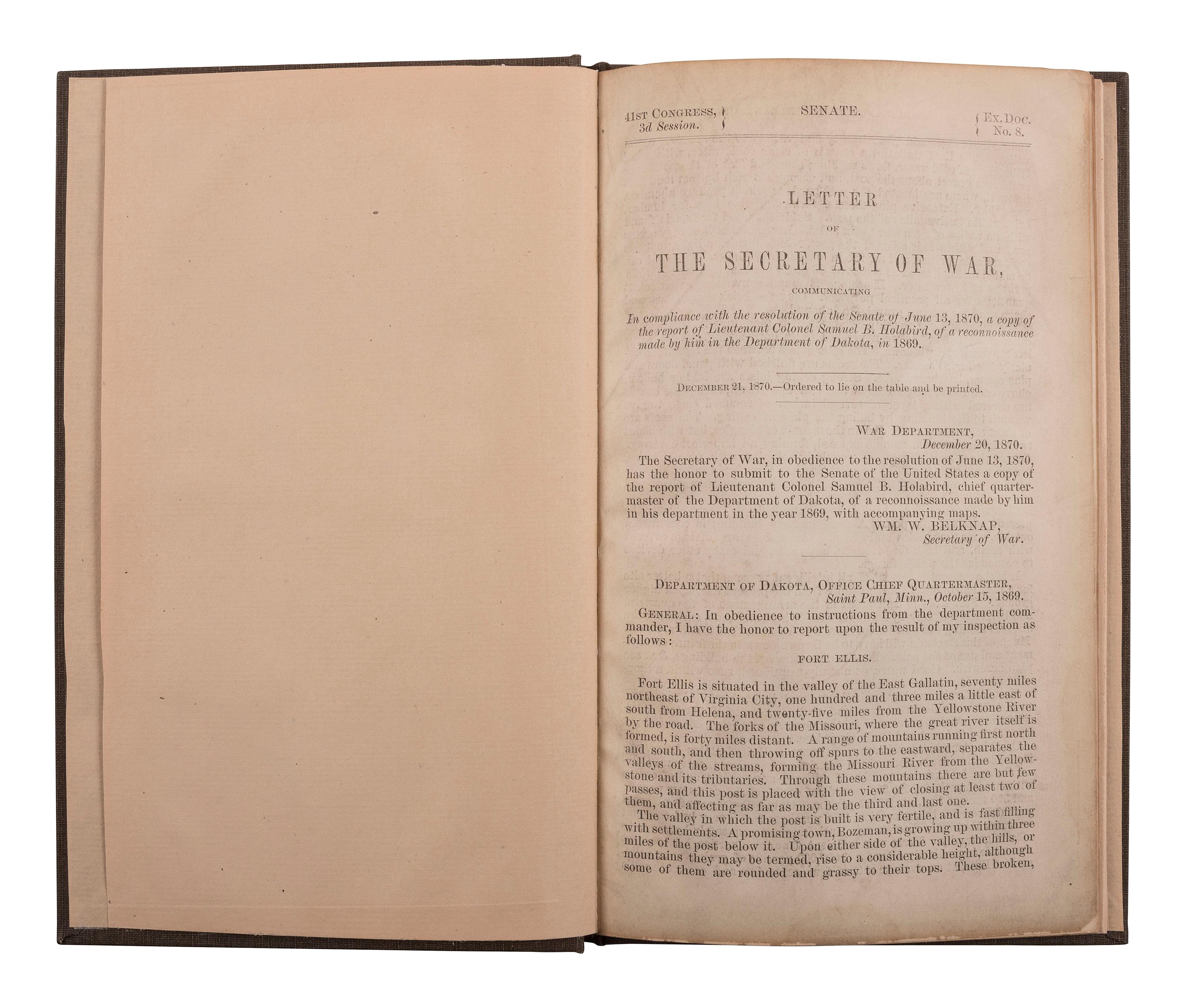 [DAKOTA TERRITORY]. Articles of War, From the Revised Statutes of the United States. Edition of February 22, 1875. Headquarters Department of Dakota: N.p., 1 April 1876. 8vo. Stab-sewn in original wrappers; cloth folding case.