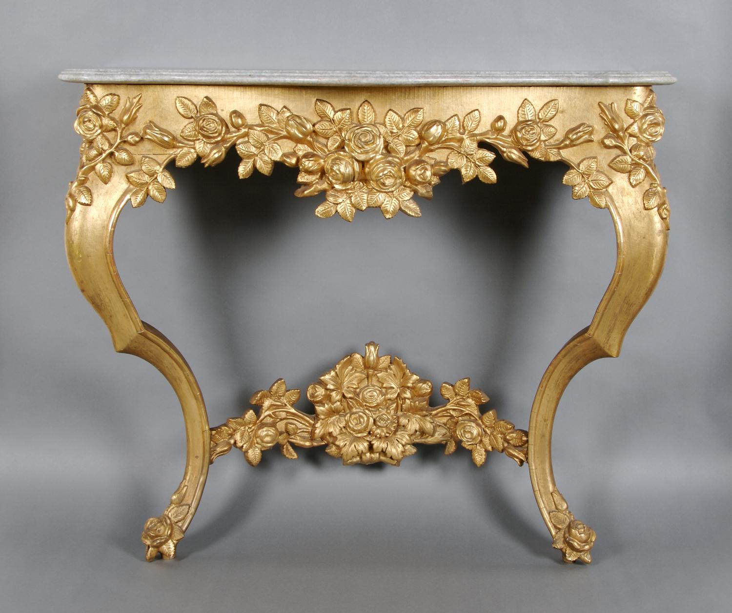 A Victorian Giltwood Console Table, Height 32 x width 37 x depth 17 inches.