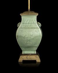 A Chinese Carved Celadon Glazed Porcelain Hu Vase