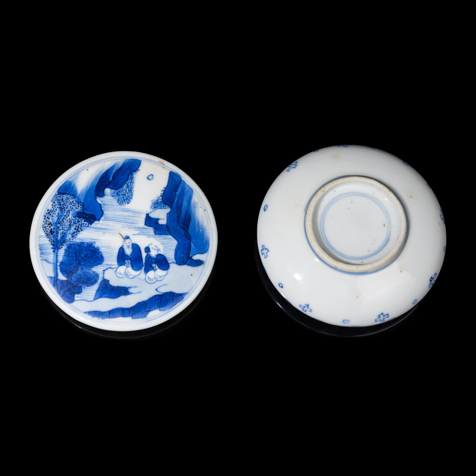 A Chinese Blue and White Porcelain Seal Paste Box, Kangxi Period 清康熙 青花高士圖印盒