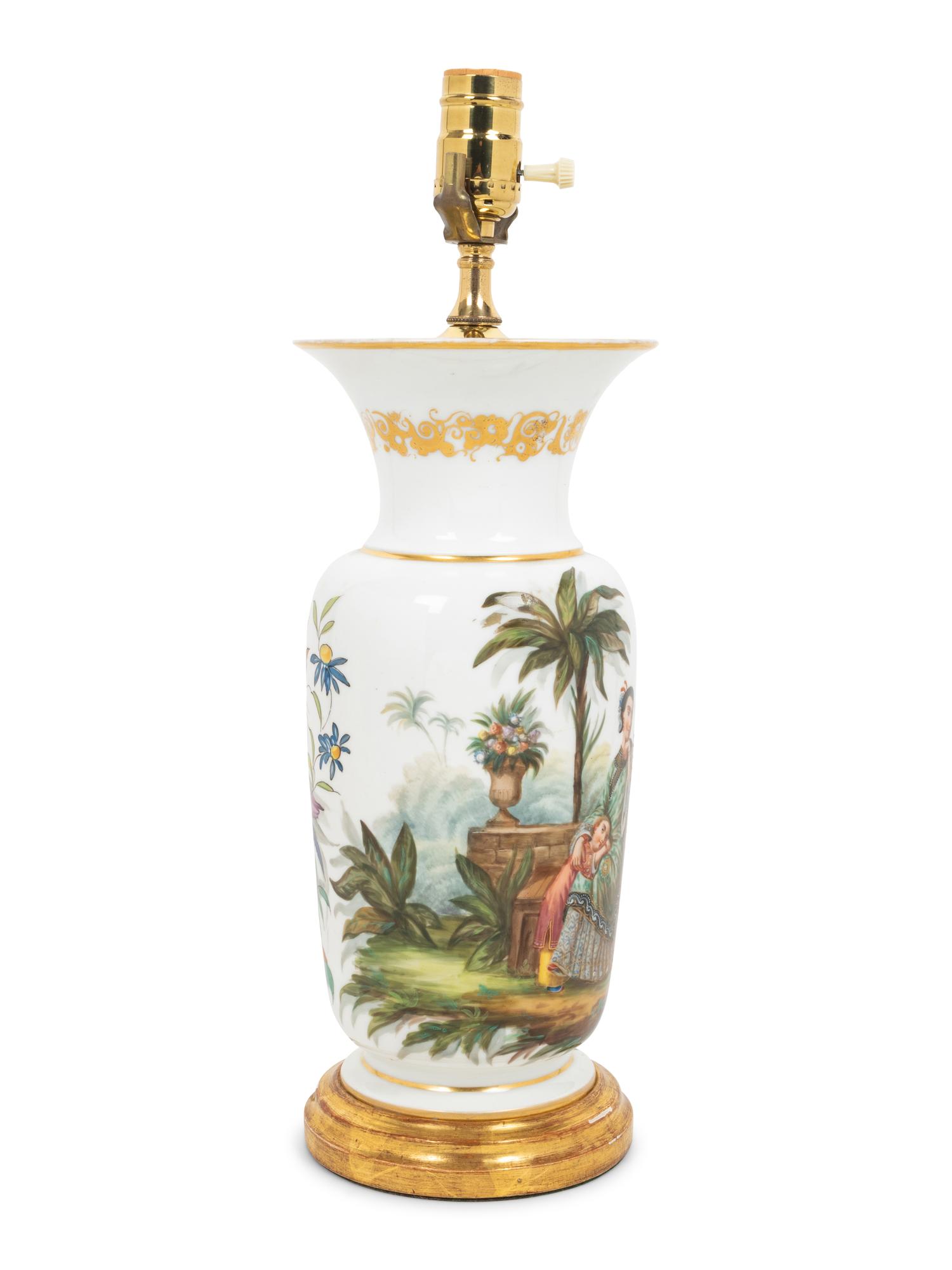 A French Painted Opaque White Glass Vase Mounted as a Lamp with a Fringed Silk Shade