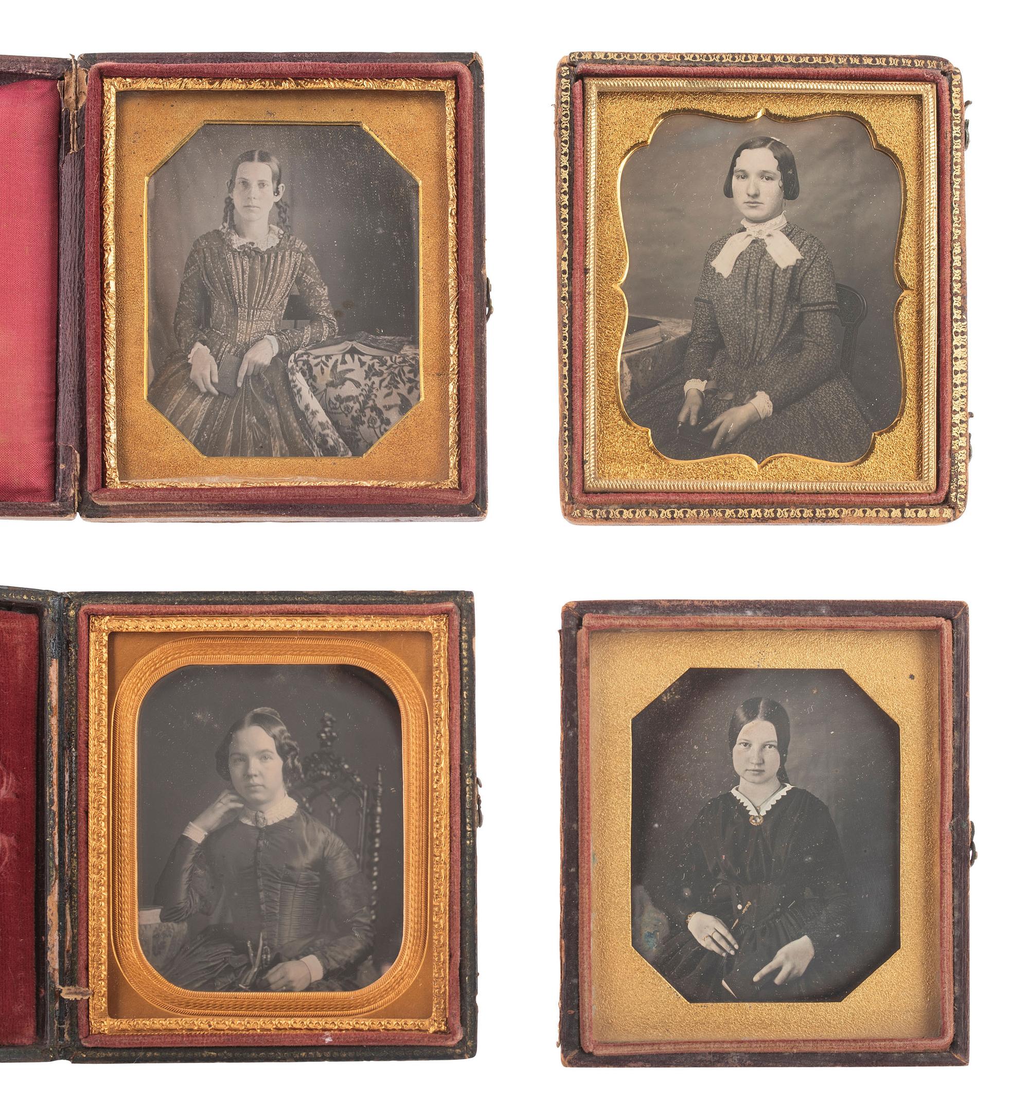 [EARLY PHOTOG] 16 sixth plate daguerreotypes of girls & young ladies posed with books & cased images