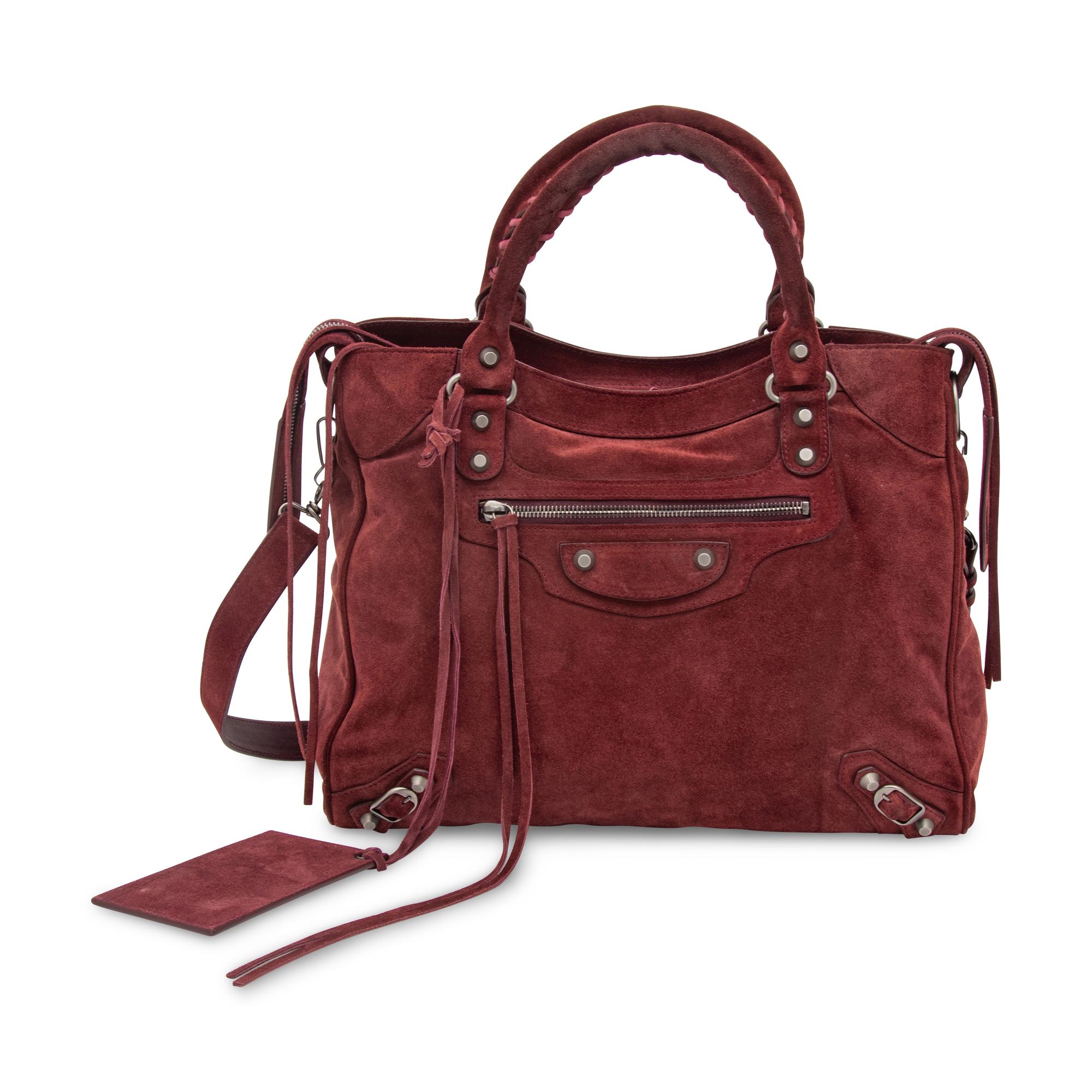BALENCIAGA, BURGUNDY SUEDE CITY BAG