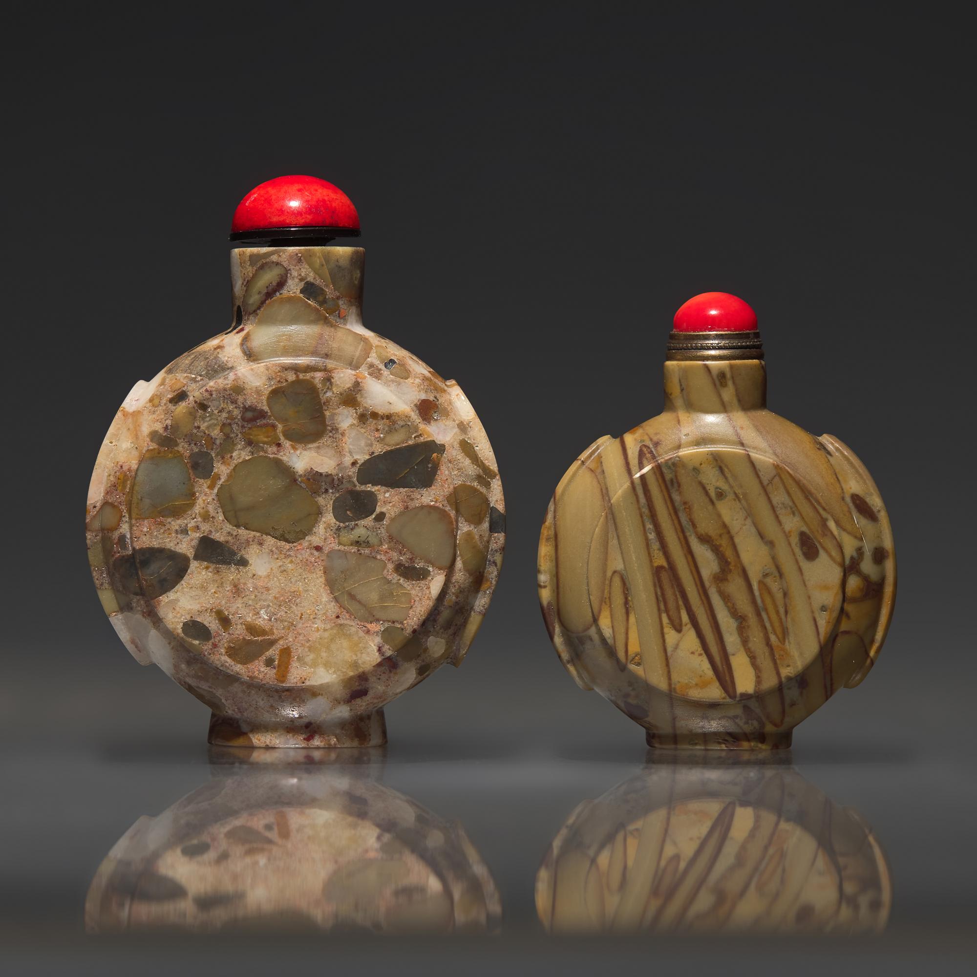 Two Chinese Puddingstone Snuff Bottles, 18th-19th Century — 清中期 抱子石鼻煙壺兩支