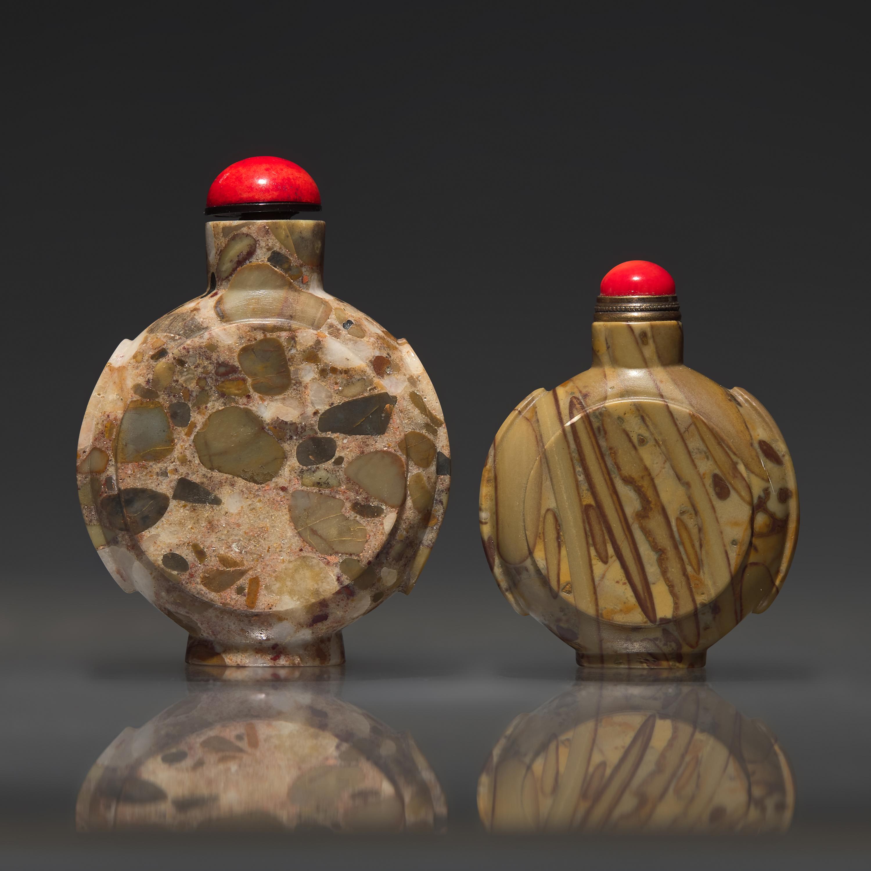 Two Chinese Puddingstone Snuff Bottles, 18th-19th Century — 清中期 抱子石鼻煙壺兩支