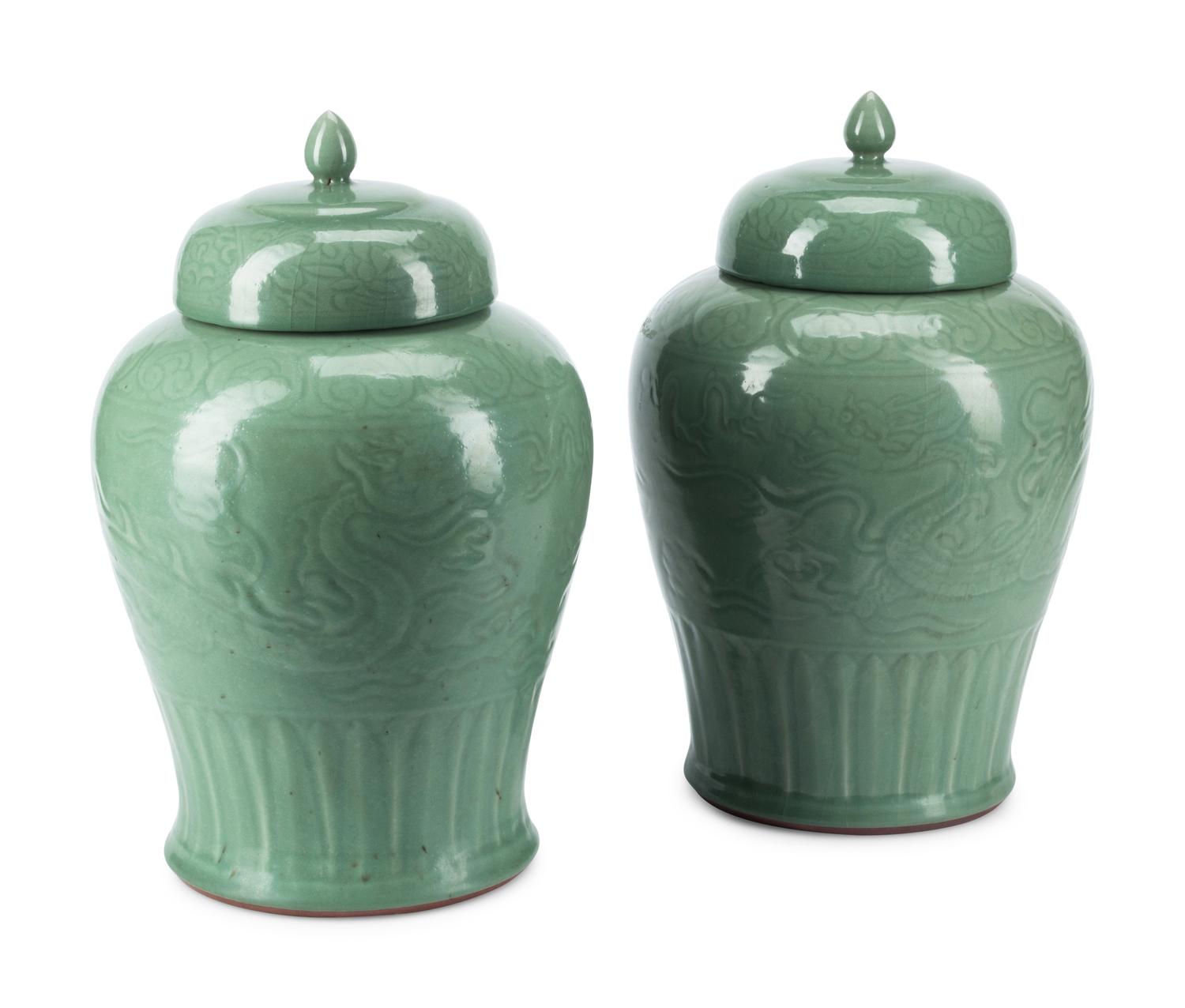 A Pair of Chinese Celadon-Glazed Porcelain Jars