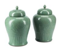 A Pair of Chinese Celadon-Glazed Porcelain Jars