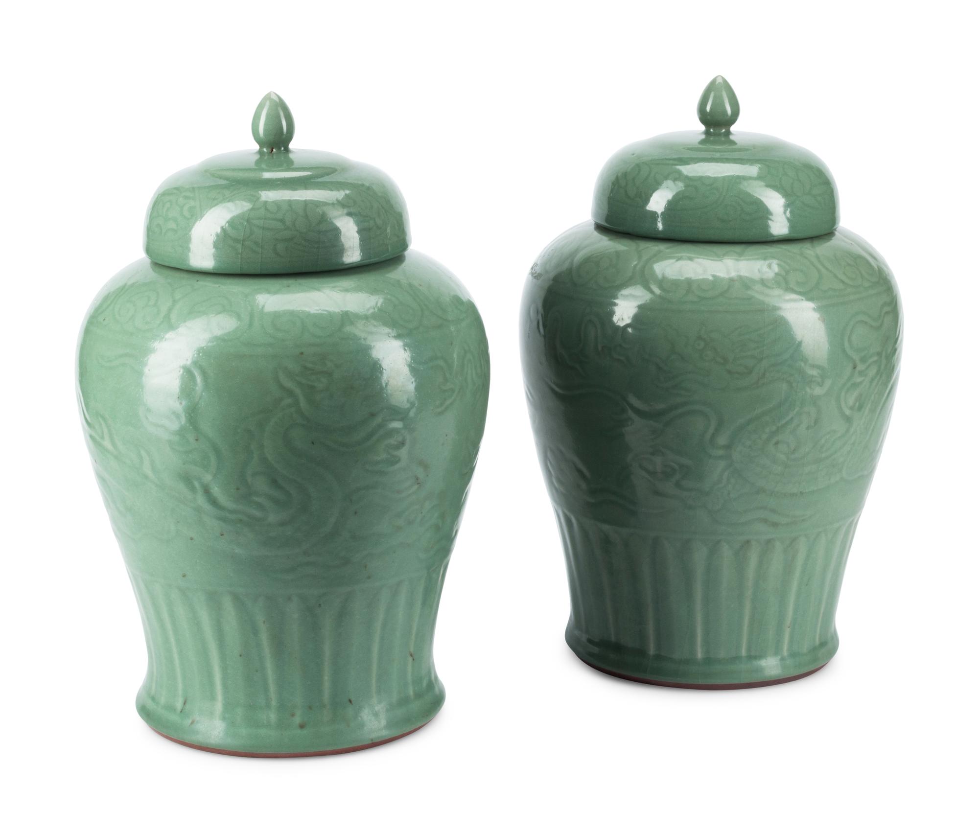 A Pair of Chinese Celadon-Glazed Porcelain Jars