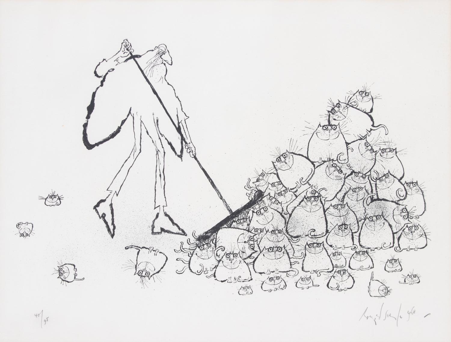 Ronald Searle (Brisith, 1920-2011), Old Man Sweeping Cats