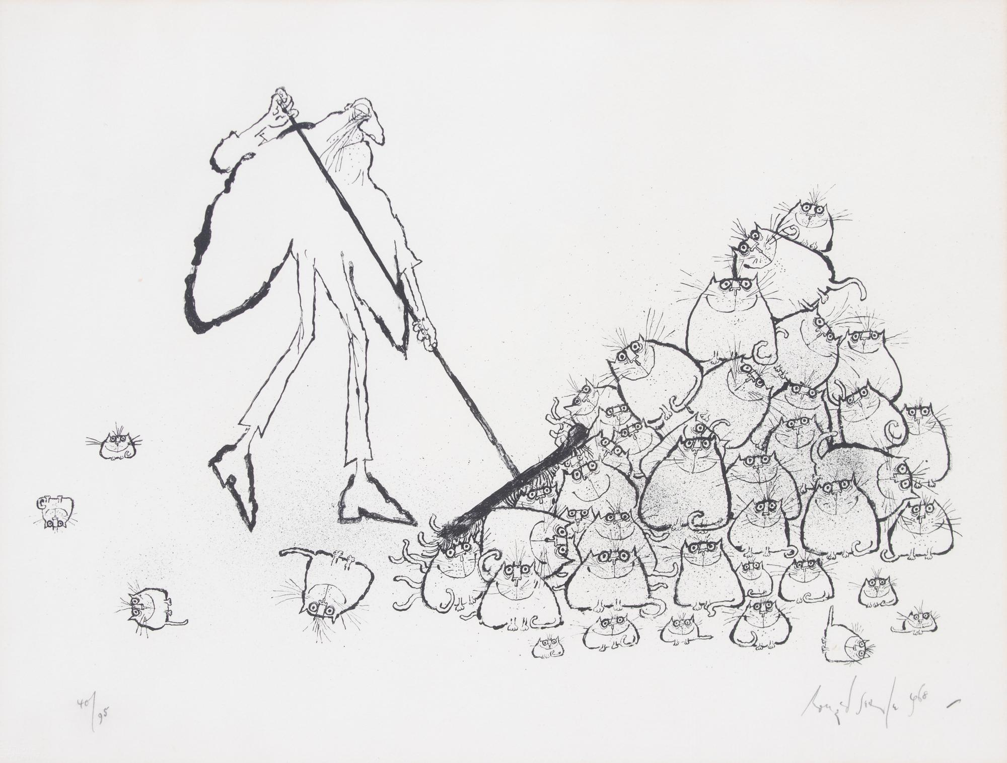 Ronald Searle (Brisith, 1920-2011), Old Man Sweeping Cats