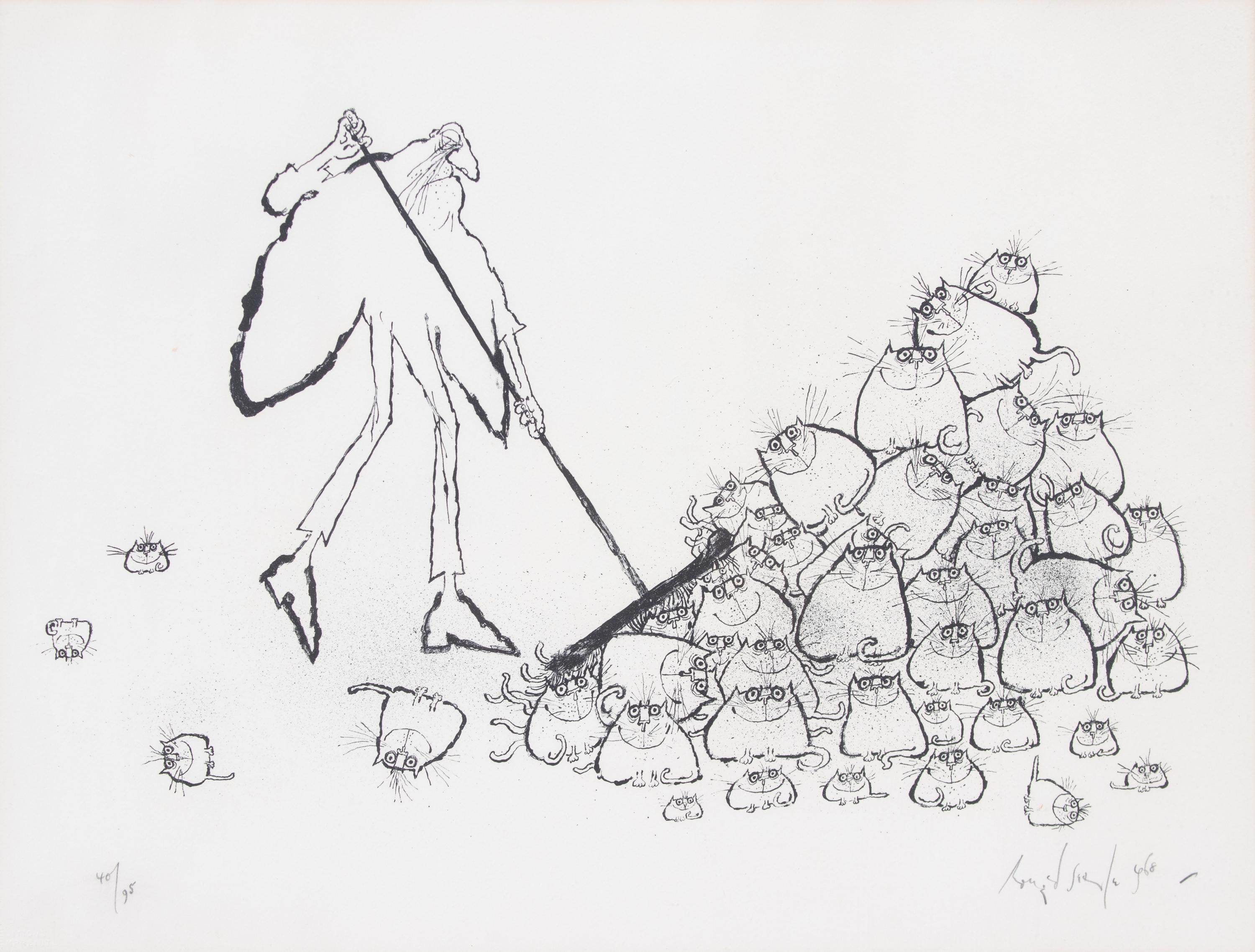 Ronald Searle (Brisith, 1920-2011), Old Man Sweeping Cats