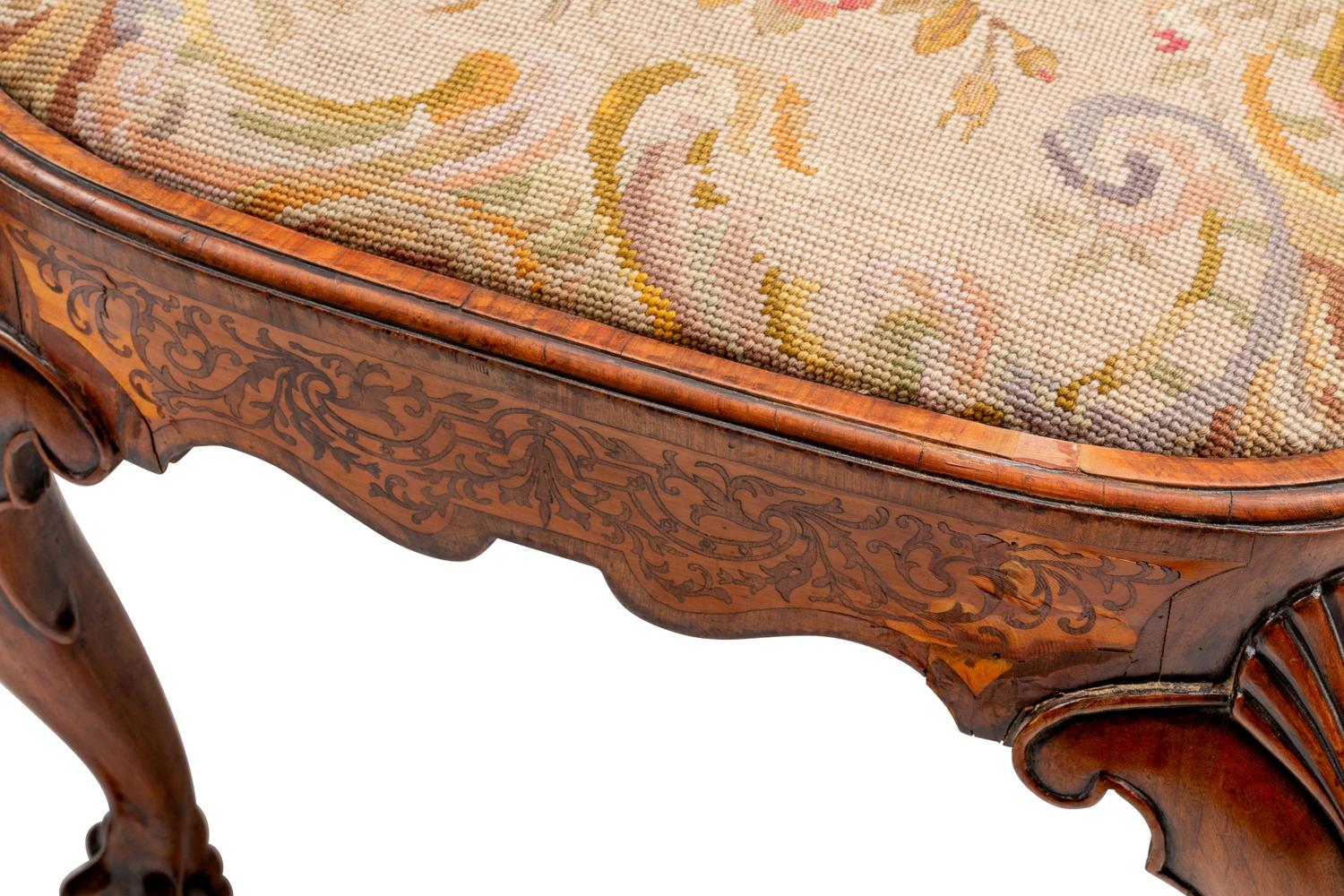 A Pair of Queen Anne Burl Walnut and Marquetry Side Chairs