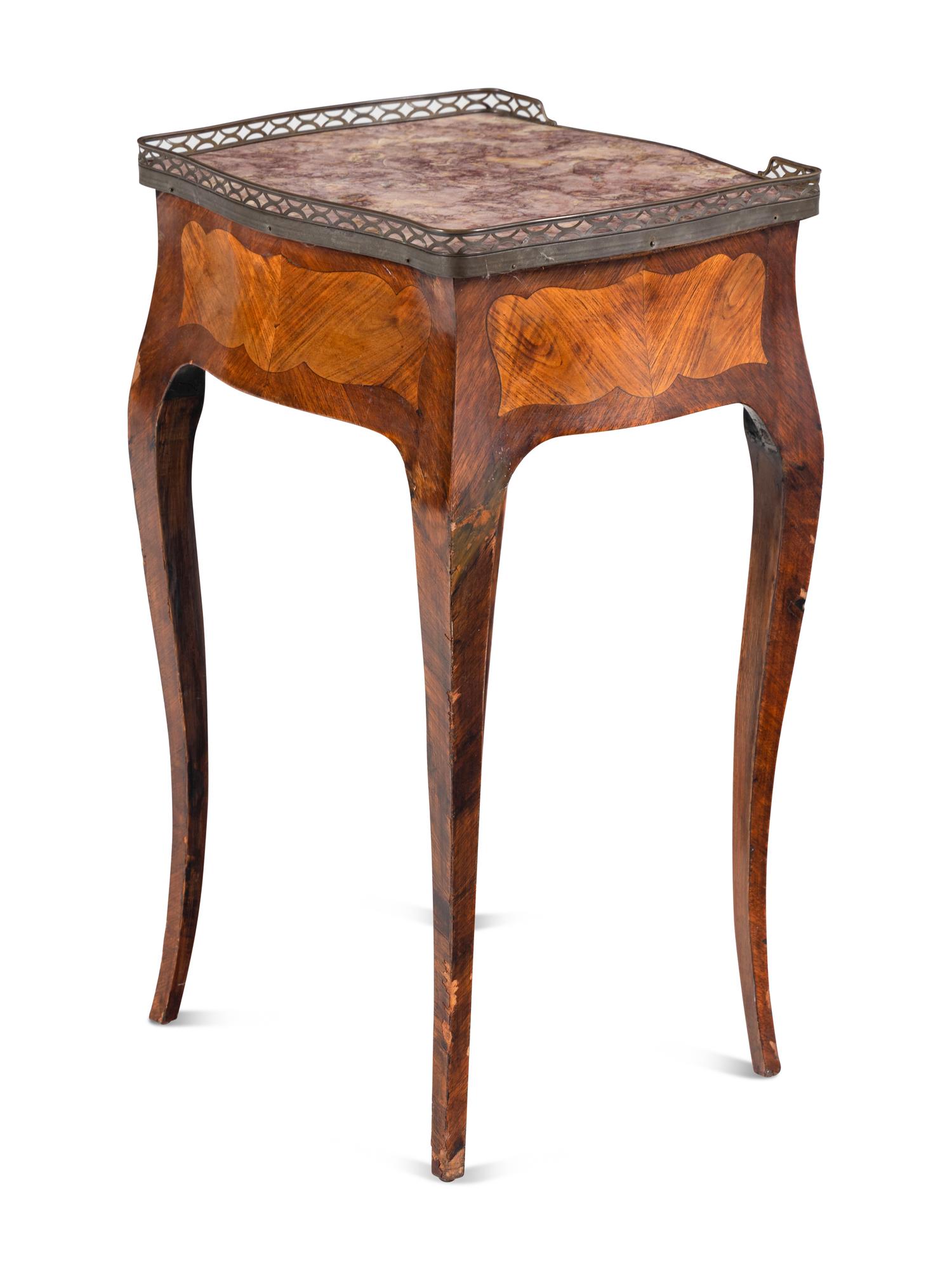 A Louis XV Kingwood and Tulipwood Parquetry Marble Inset Side Table