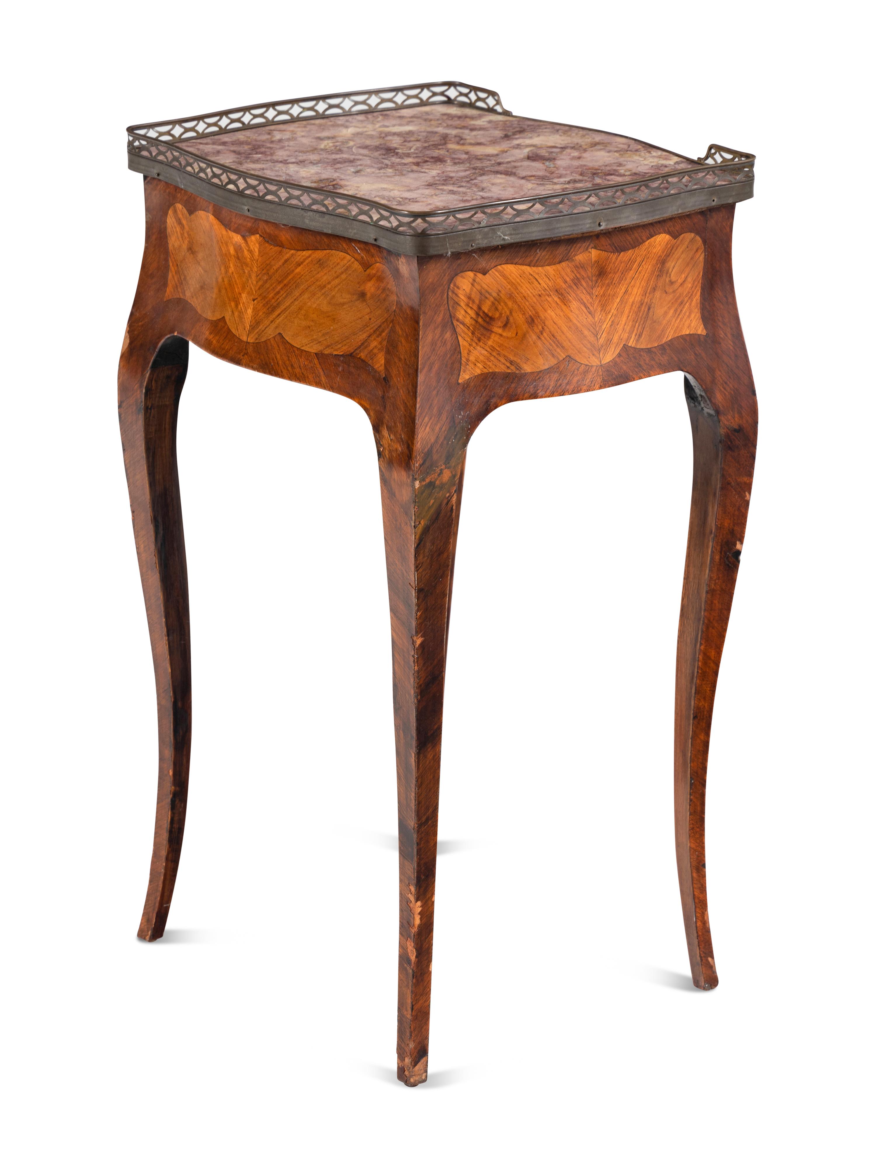 A Louis XV Kingwood and Tulipwood Parquetry Marble Inset Side Table