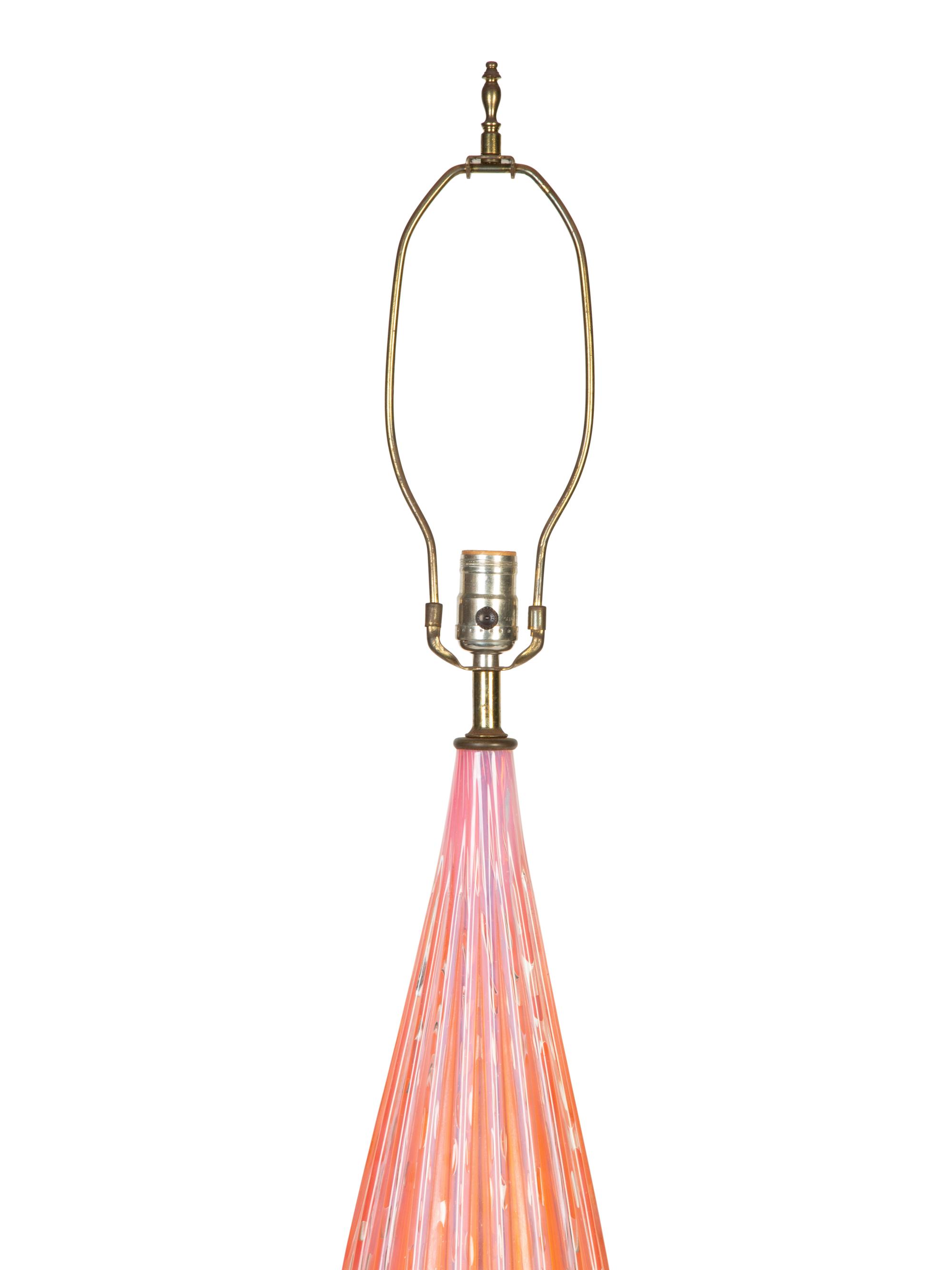 A Murano Pink Fluted Bullicante Glass and Marble Lamp