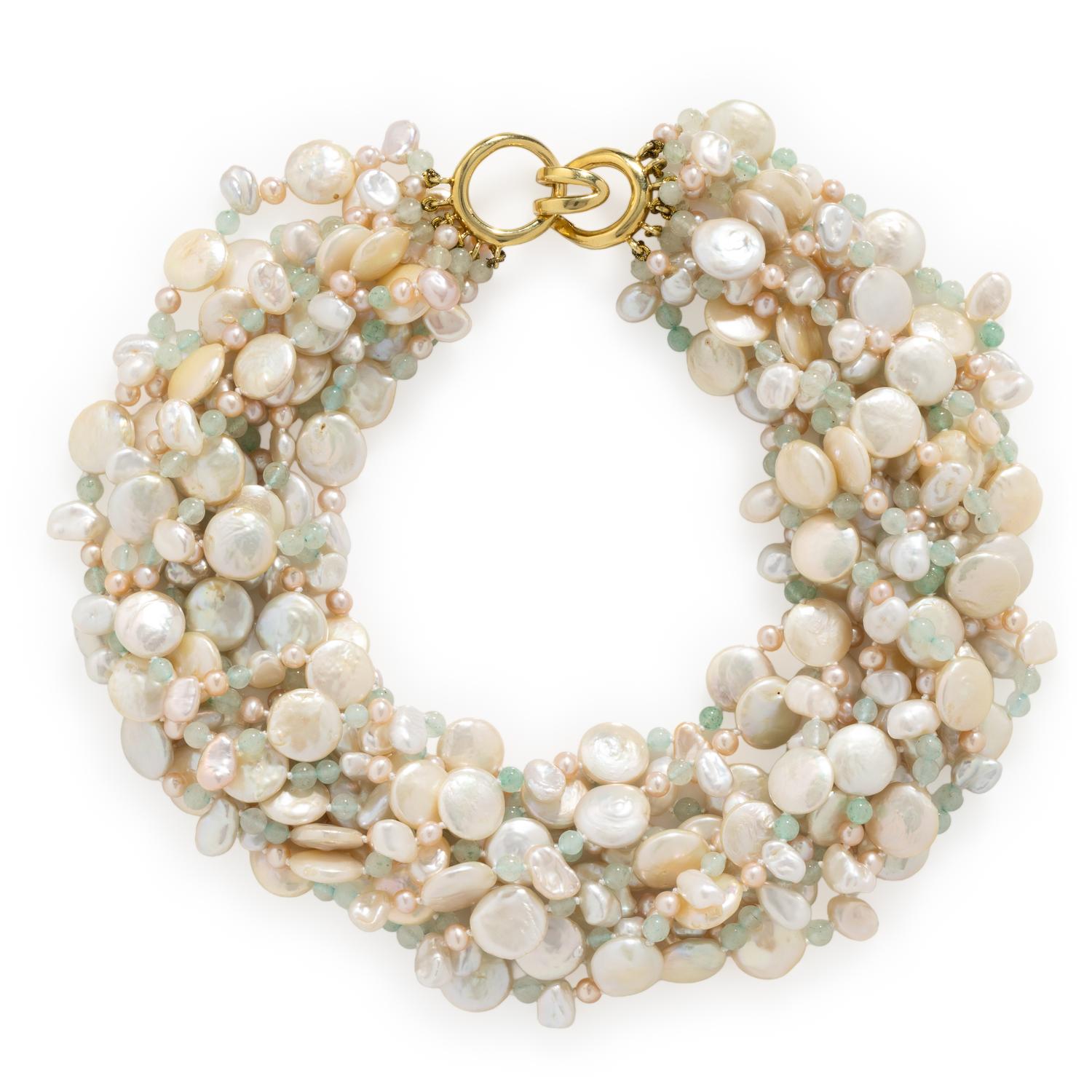 MISH, CULTURED PEARL AND AVENTURINE QUARTZ TORSADE NECKLACE