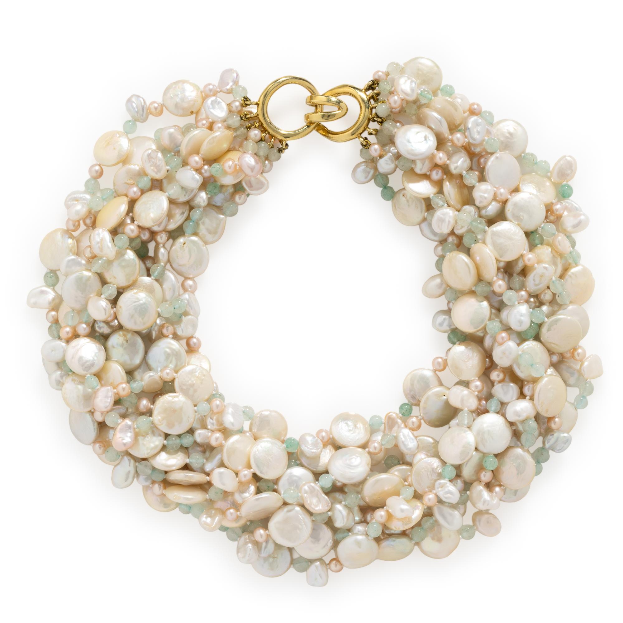 MISH, CULTURED PEARL AND AVENTURINE QUARTZ TORSADE NECKLACE