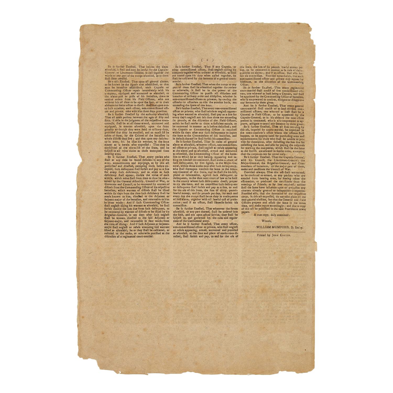 [American Revolution] A Scarce and Completely Untrimmed Revolutionary War Broadsheet Related to the Rhode Island Militia