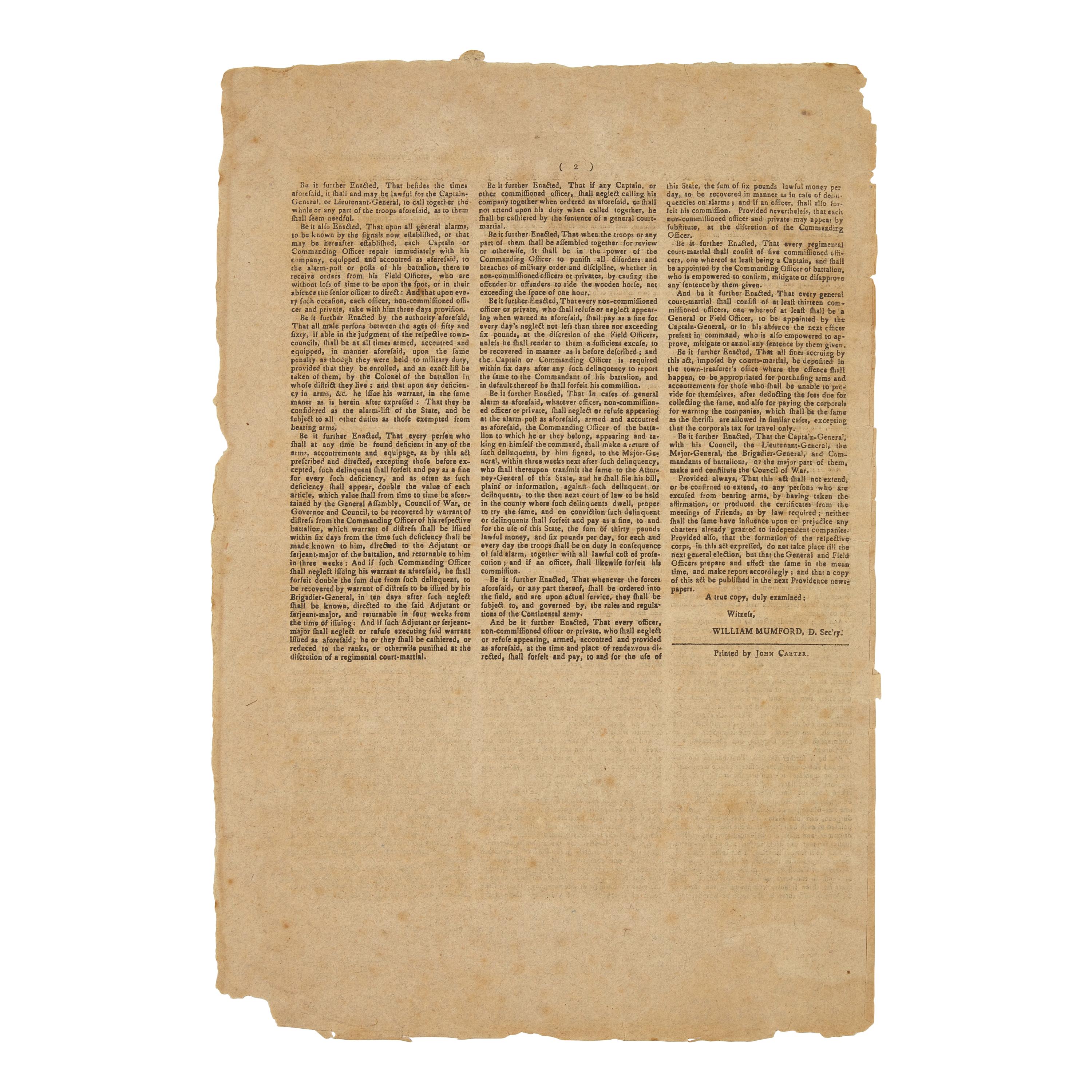 [American Revolution] A Scarce and Completely Untrimmed Revolutionary War Broadsheet Related to the Rhode Island Militia
