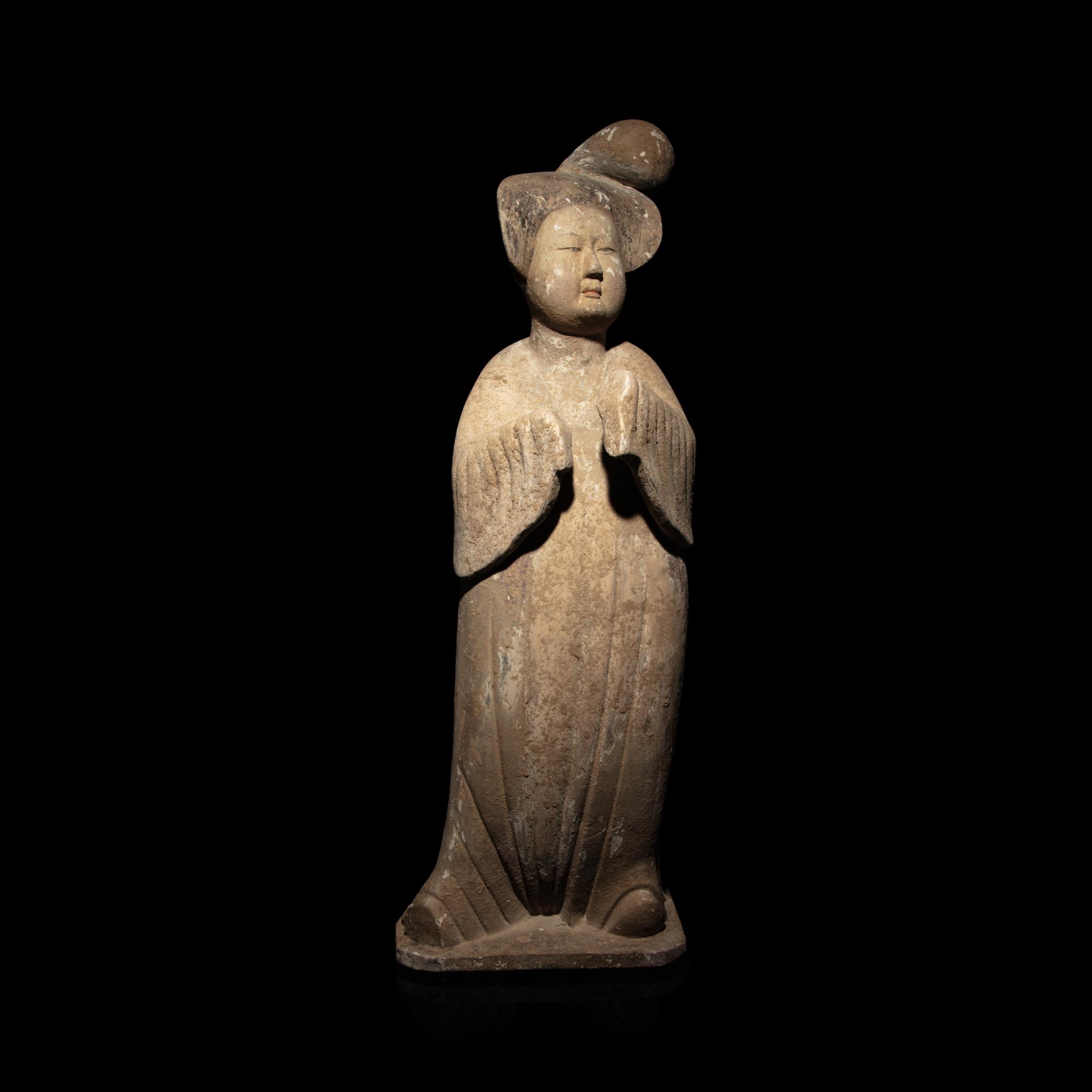 A Large Chinese Painted Pottery Court Lady, Tang Dynasty — 唐 灰陶加彩仕女俑