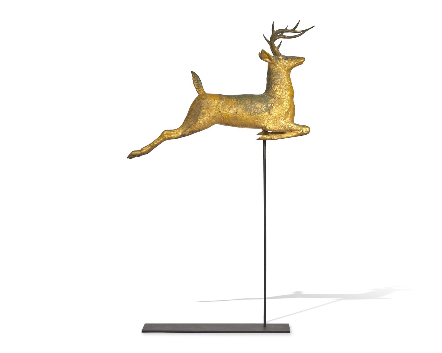 A Large Molded Copper Gilded Leaping Stag Weathervane