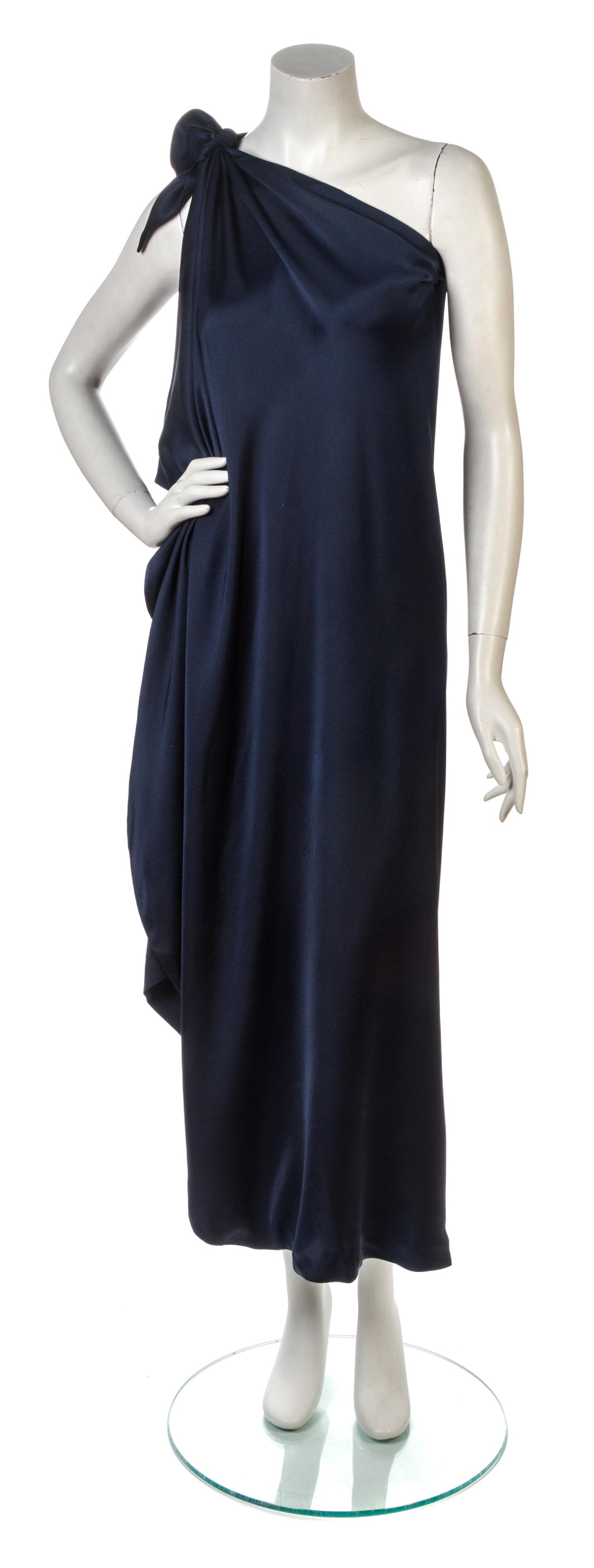 A Halston Navy Blue Silk Single Shoulder Gown. Size 4.