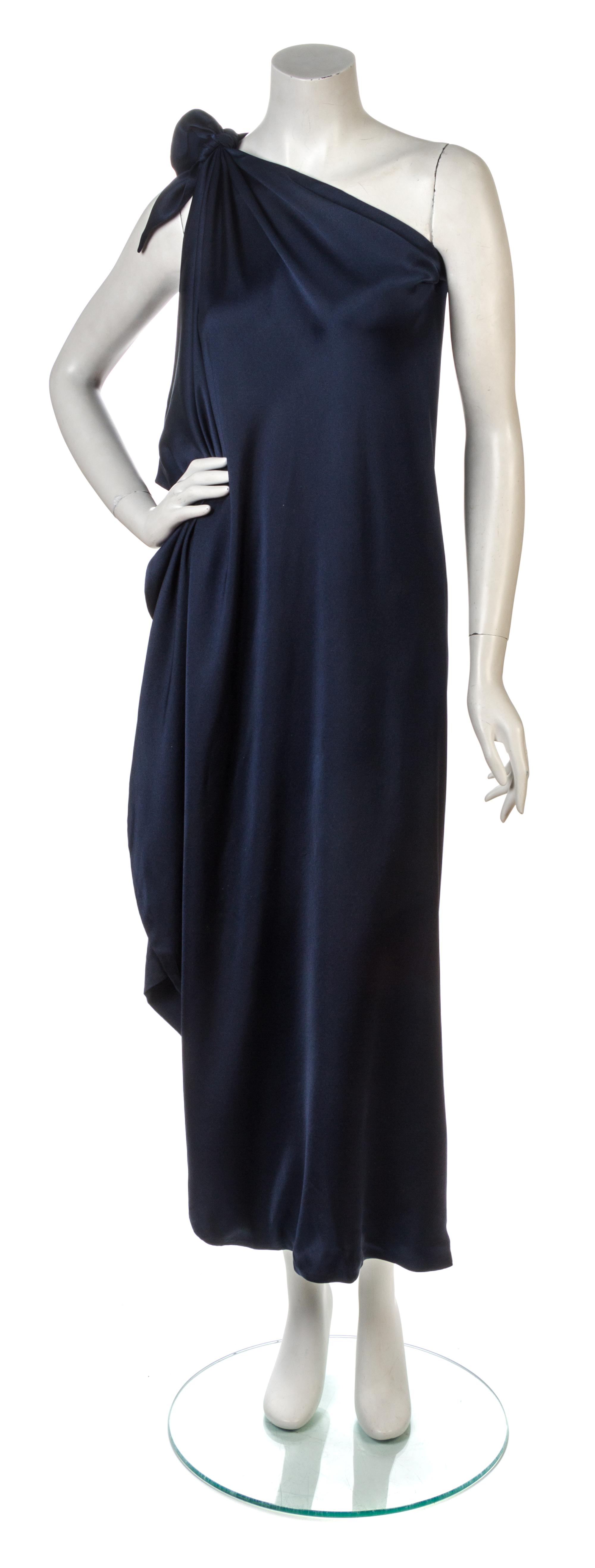 A Halston Navy Blue Silk Single Shoulder Gown. Size 4.