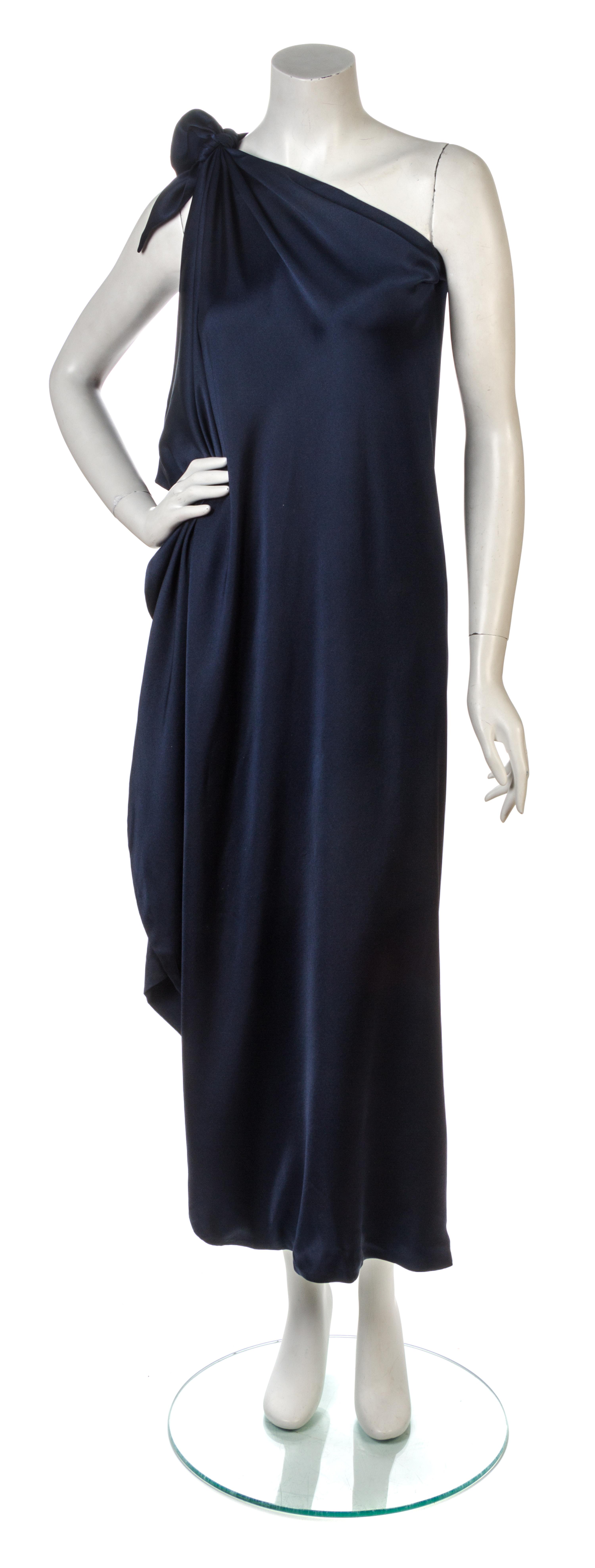 A Halston Navy Blue Silk Single Shoulder Gown. Size 4.
