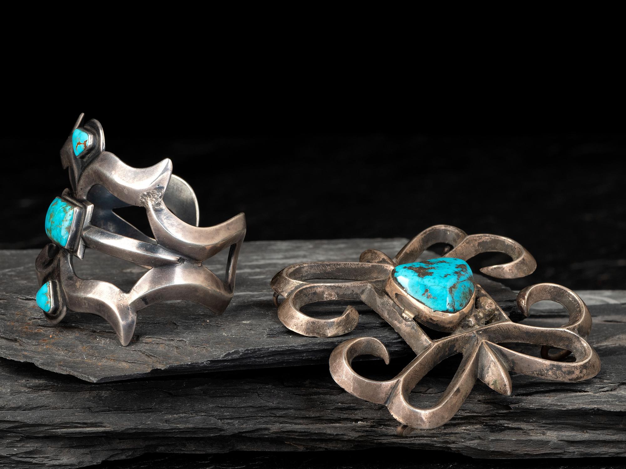 Navajo Sand Cast Silver and Turquoise Cuff Bracelet and Ketoh Concha