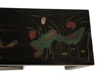 Two Chinese Black Lacquer Tables with Polychrome Lotus Flower and Dragon Fly Decoration — 20th Century