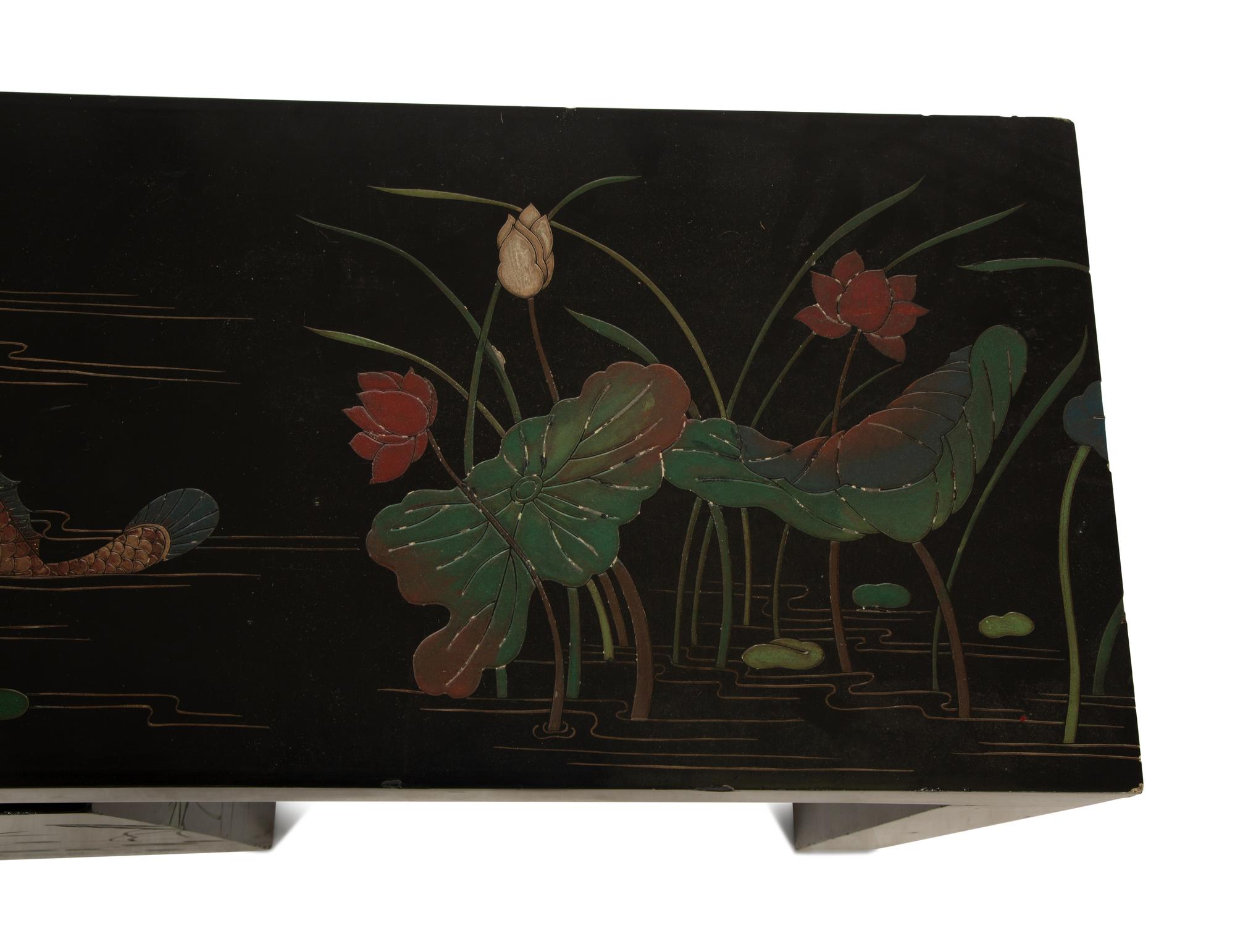 Two Chinese Black Lacquer Tables with Polychrome Lotus Flower and Dragon Fly Decoration — 20th Century