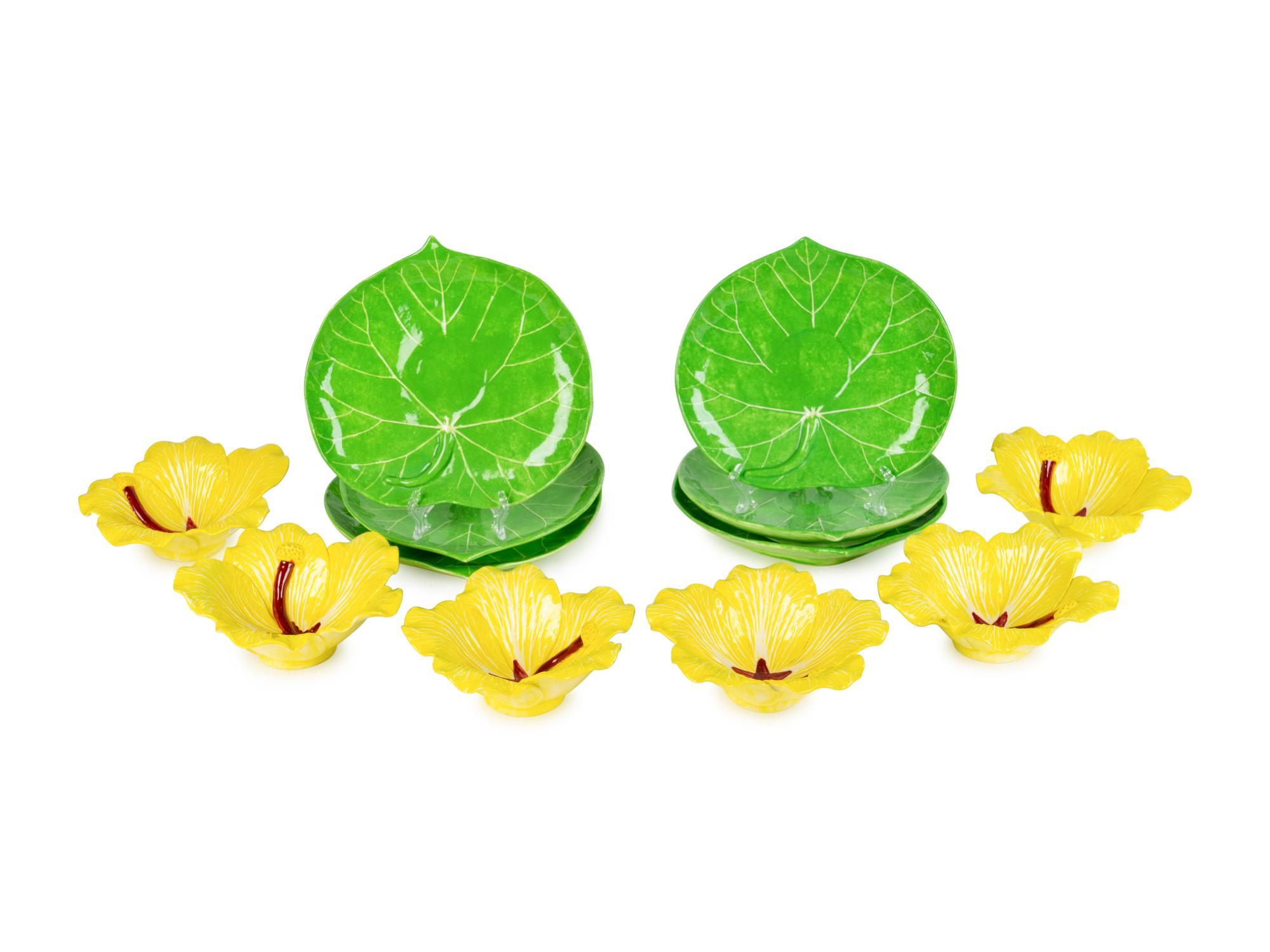 Six Dodie Thayer Yellow Hibiscus Bowls With Green Leaf-Form Undertrays — 20TH CENTURY