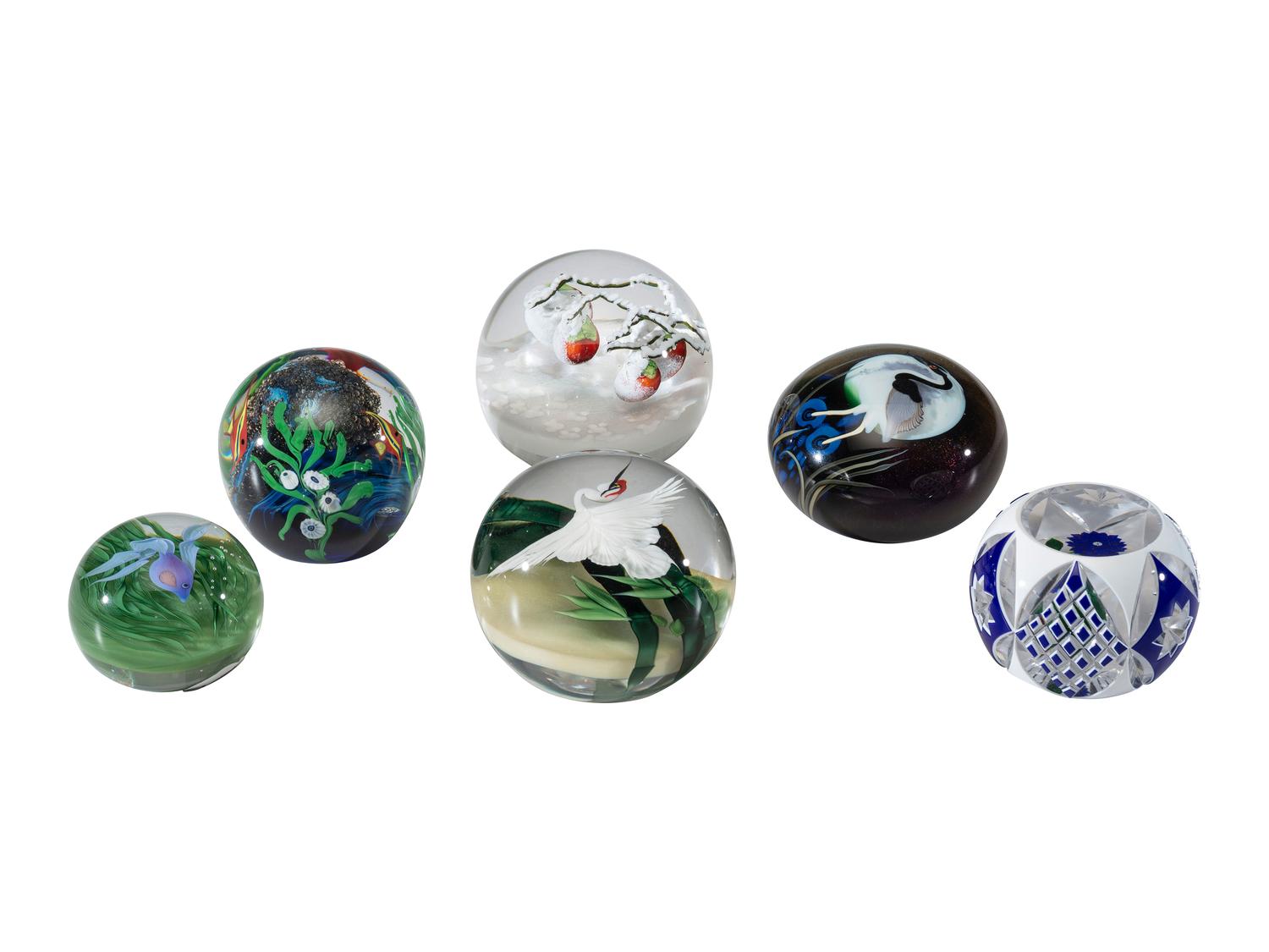 Six Floral and Figural Art Glass Paperweights