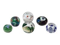 Six Floral and Figural Art Glass Paperweights
