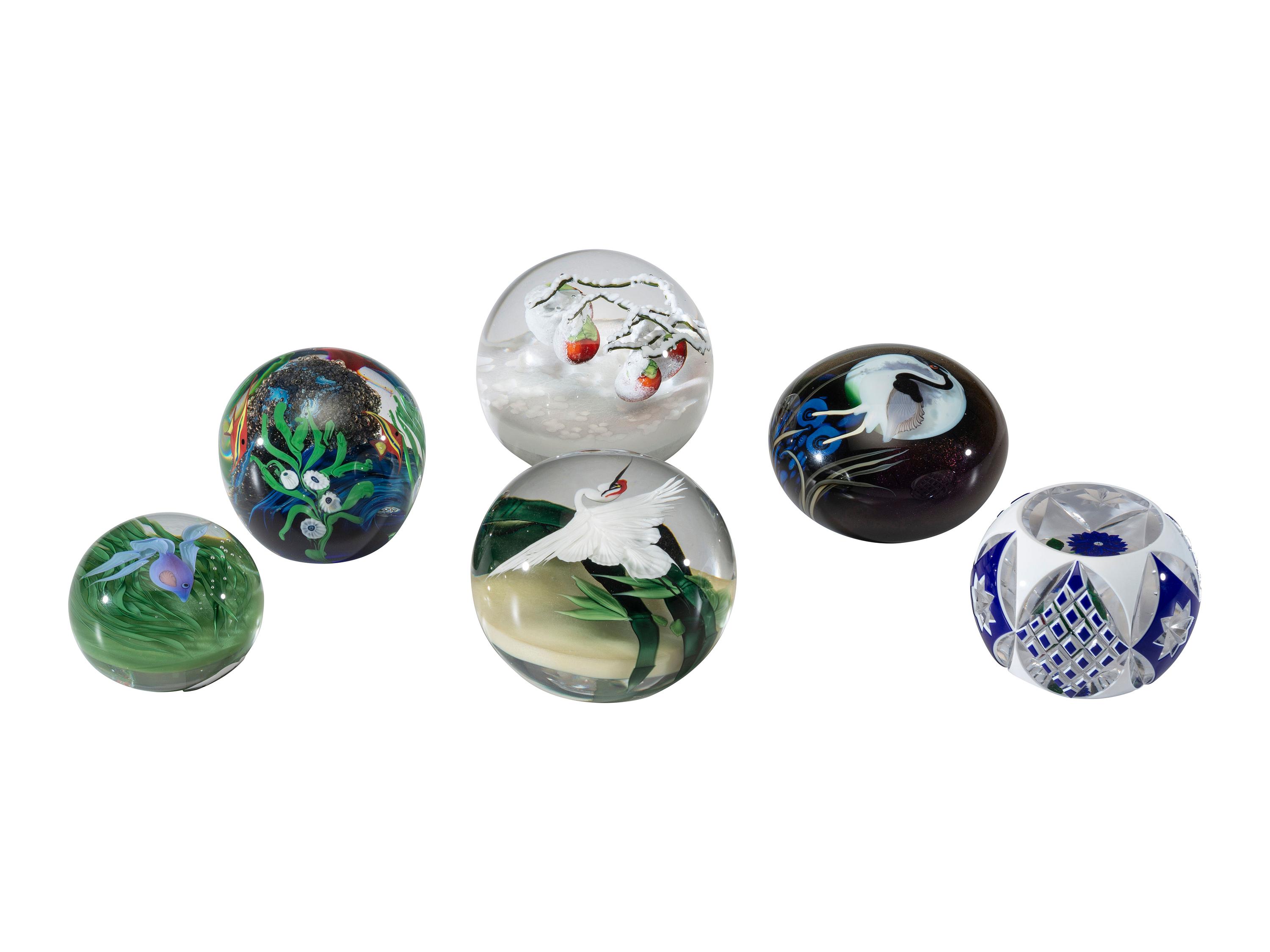 Six Floral and Figural Art Glass Paperweights