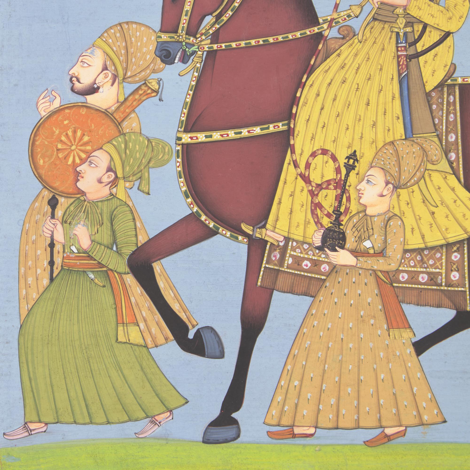 A Painting of a Marwari Equestrian Nobleman Smoking a Hookah Flanked by Five Pleated-Skirt Attendants, Jodhpur School, 20th Century