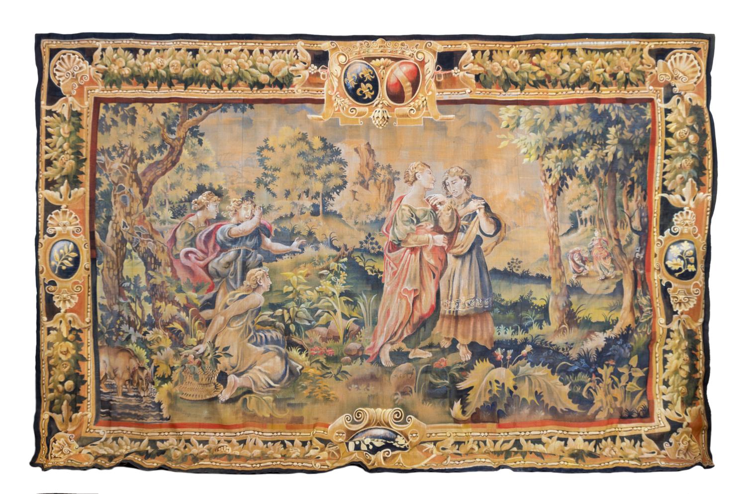 Two Continental Woven and Painted Wall Tapestries 119 x 174 inches. — 19TH CENTURY